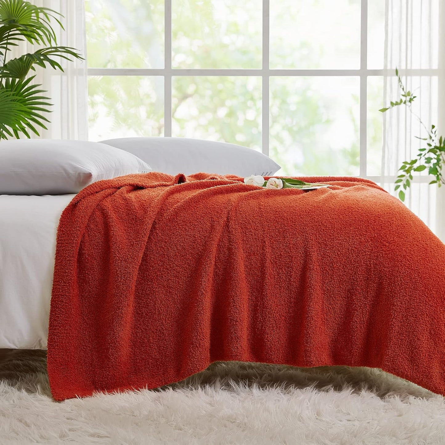 CYMULA Knit Fall Throw Blanket for Couch Orange-Super Soft Lightweight Plush Fuzzy Fluffy Cozy Blankets and Throws for Sofa Bed, 50x60 inches