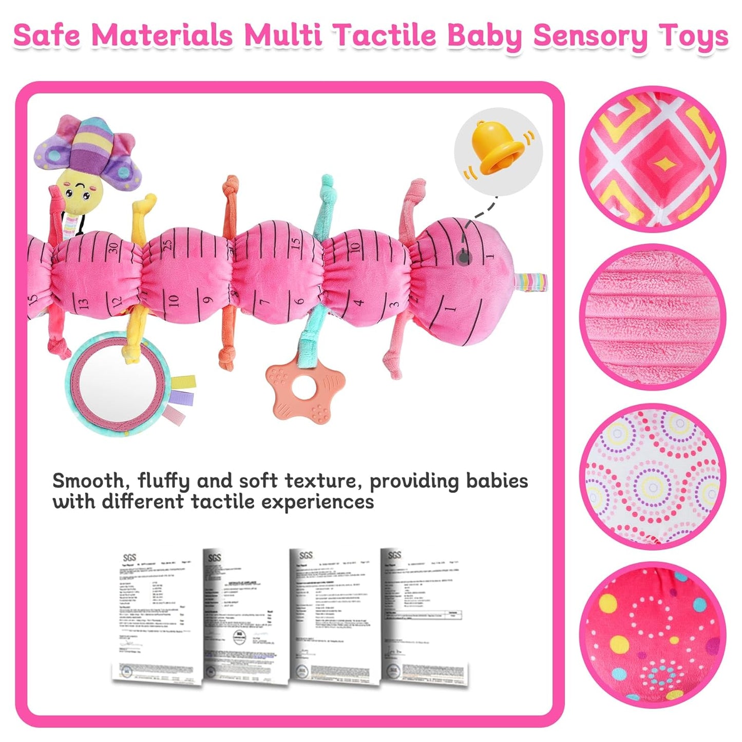 Baby Girls Toys 6-12 Months - Infant 6-in-1 Sensory Music Animal Stuffed Caterpillar Toy with Rattle & Mirror Crinkle for Tummy Time, Newborn 0 3 6 9 12 18 Shower Gifts Soothing Companion Toys, Pink