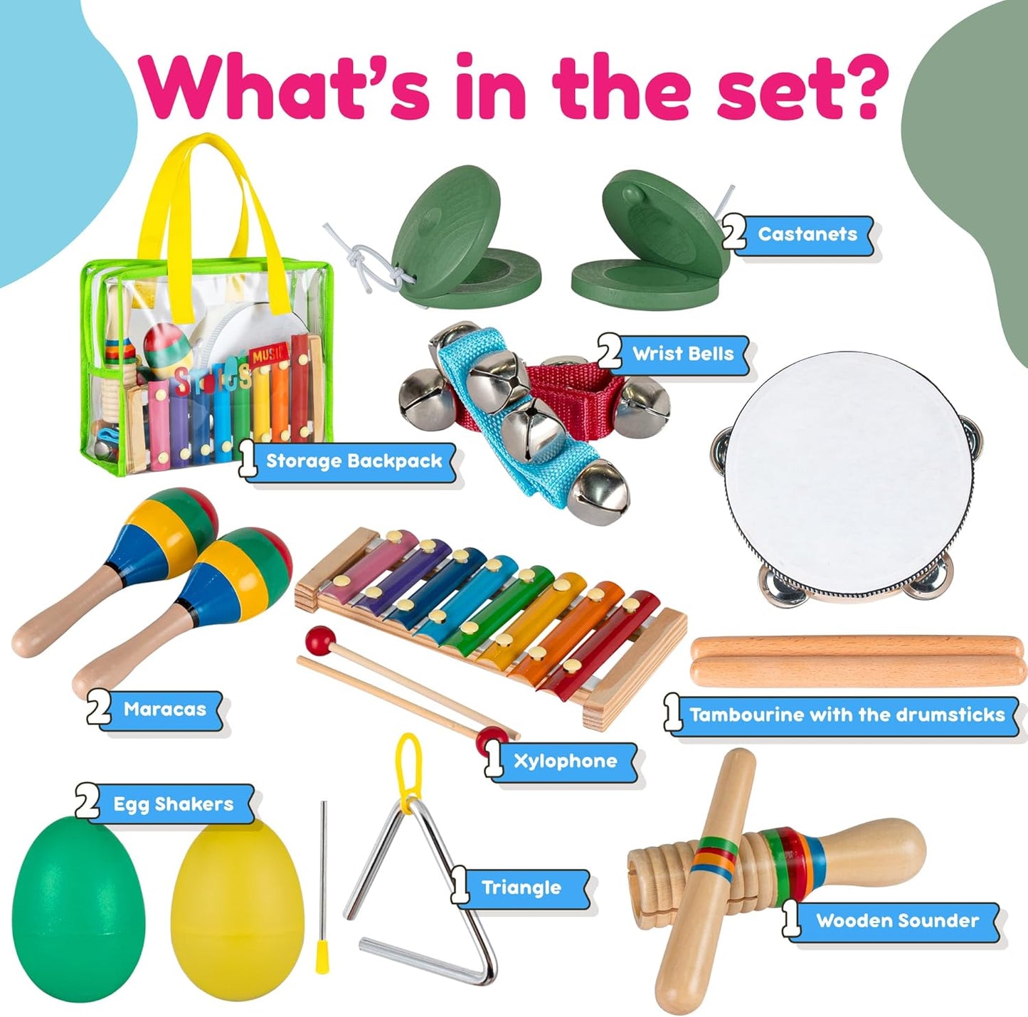 Stoie's Kids Musical Instruments Set for Toddler Ages 3-5 - Baby Wooden Percussion Musical Toys with Xylophone and Maracas, Drum, Triangle, Durable, Safe to Play, Clear Loud Sound