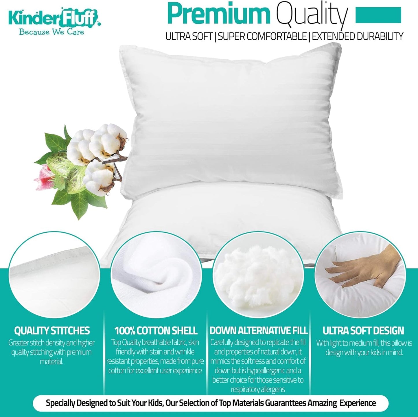 kinder Fluff Toddler Pillows (2pk) - The only Pillow for Kids 300T Cotton Shell & Down Alternative Fill - Machine Washable, Ideal Cushion for Kids Above 2 Years (13x18in - White)