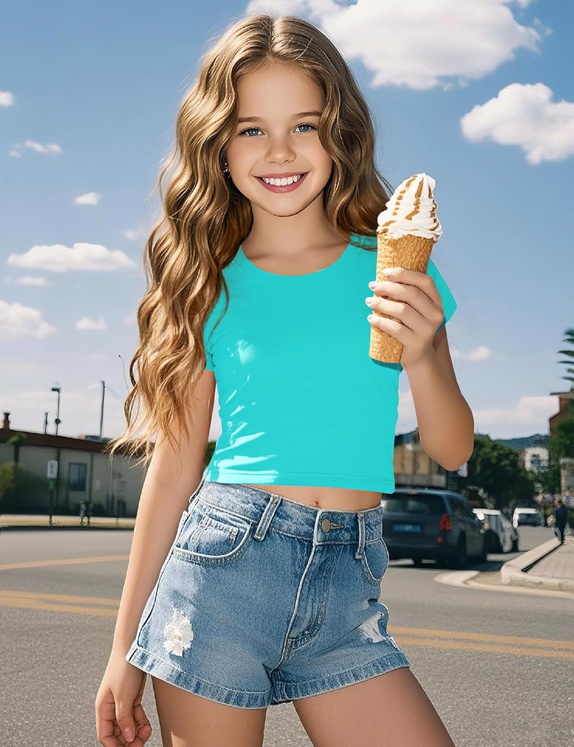 Auranso Girls Crop Tops Summer Short Sleeve Round Neck T Shirts Basic Tee for Kids