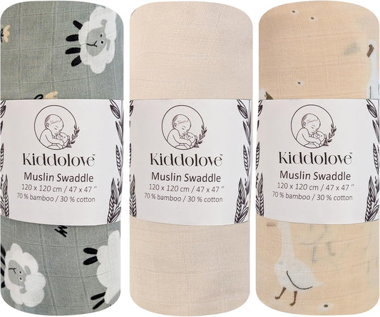 Muslin Swaddle Blankets for Newborn – 3 Pack Large 47"x47" Receiving Blankets – Soft, Breathable & Gentle – Unisex Little Farm