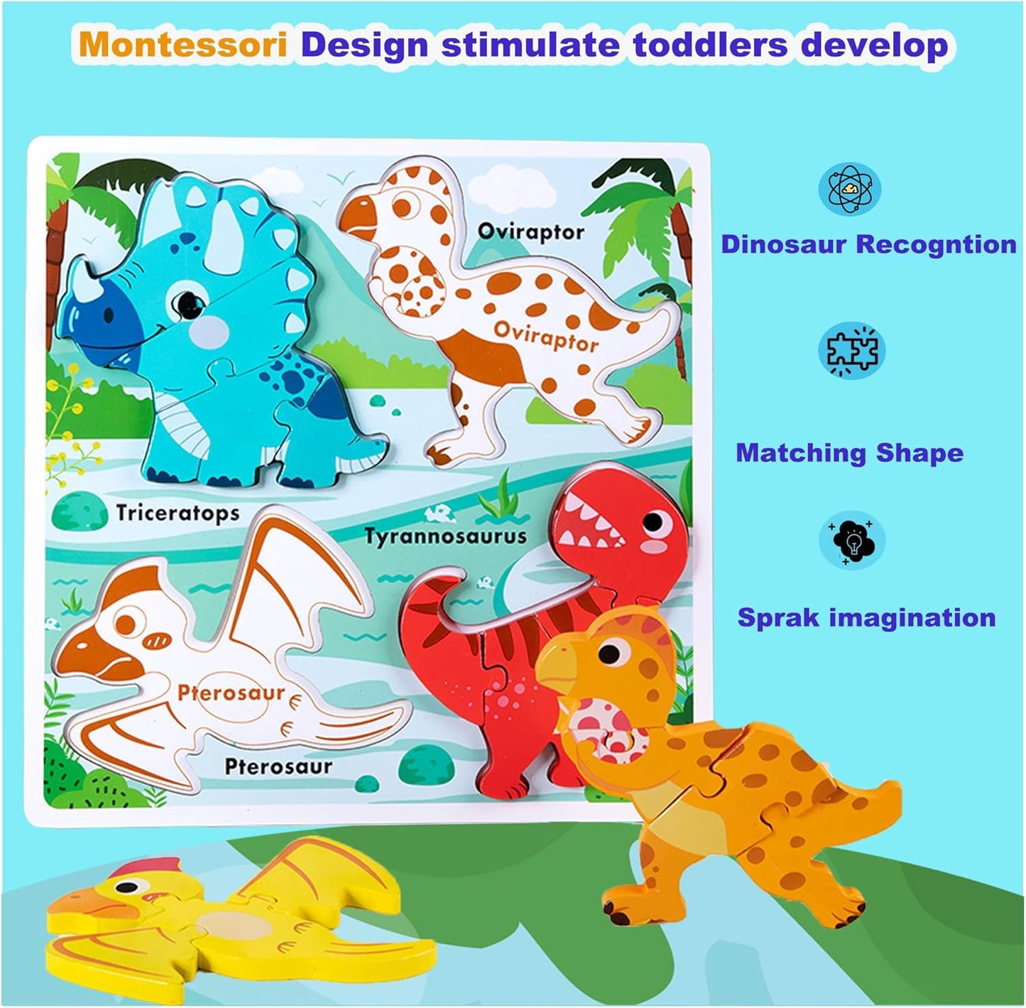 Wooden Puzzles for Toddlers 2-4 ，Vehicle & Dinosaur Toddler Puzzles Age 2-3，Toddler Toys for 2 3 Years Old Girls Boys，Montessori Learning Gifts for 2-3