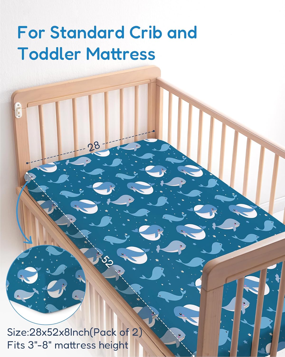 Baby Crib Sheets for Standard Crib Mattress - Navy Whale+Blue, Ultra Soft Jersey Knit, Breathable and Cozy, Fits 28''x52''x9'' Deep Pocket