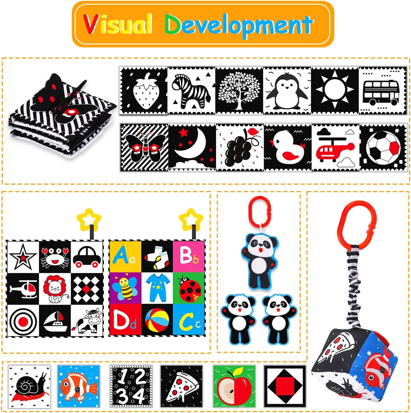 4 PCS Black and White High Contrast Baby Toys 0-3-6 Months Newborn Essential Montessori Toy for Babies Crinkle Sensory Book Brain Development Tummy Time Mirror Infant Carseat Rattle Easter Shower Gift