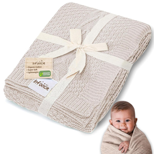 Organic Cotton Baby Blanket - 31.5 x 43.3 Inches, Soft Knitted Crib Blanket for Boys & Girls, Breathable Design (Beige)