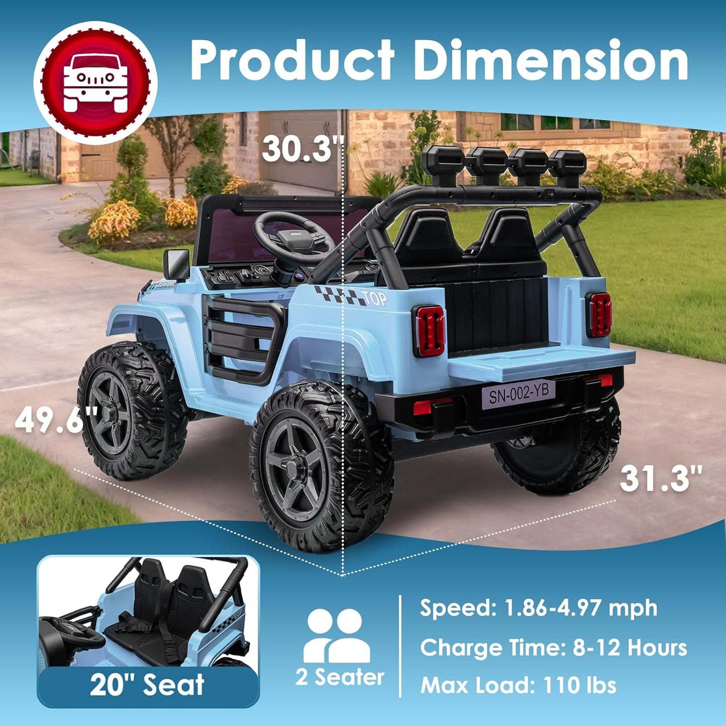 24V 2 Seater Ride On Truck with Remote Control 4WD Electric Car for Kids Ride On Car Battery Powered Ride On Toy Car with Music Player, LED Lights, Bluetooth, Rear Shock Absorber, Gray Blue
