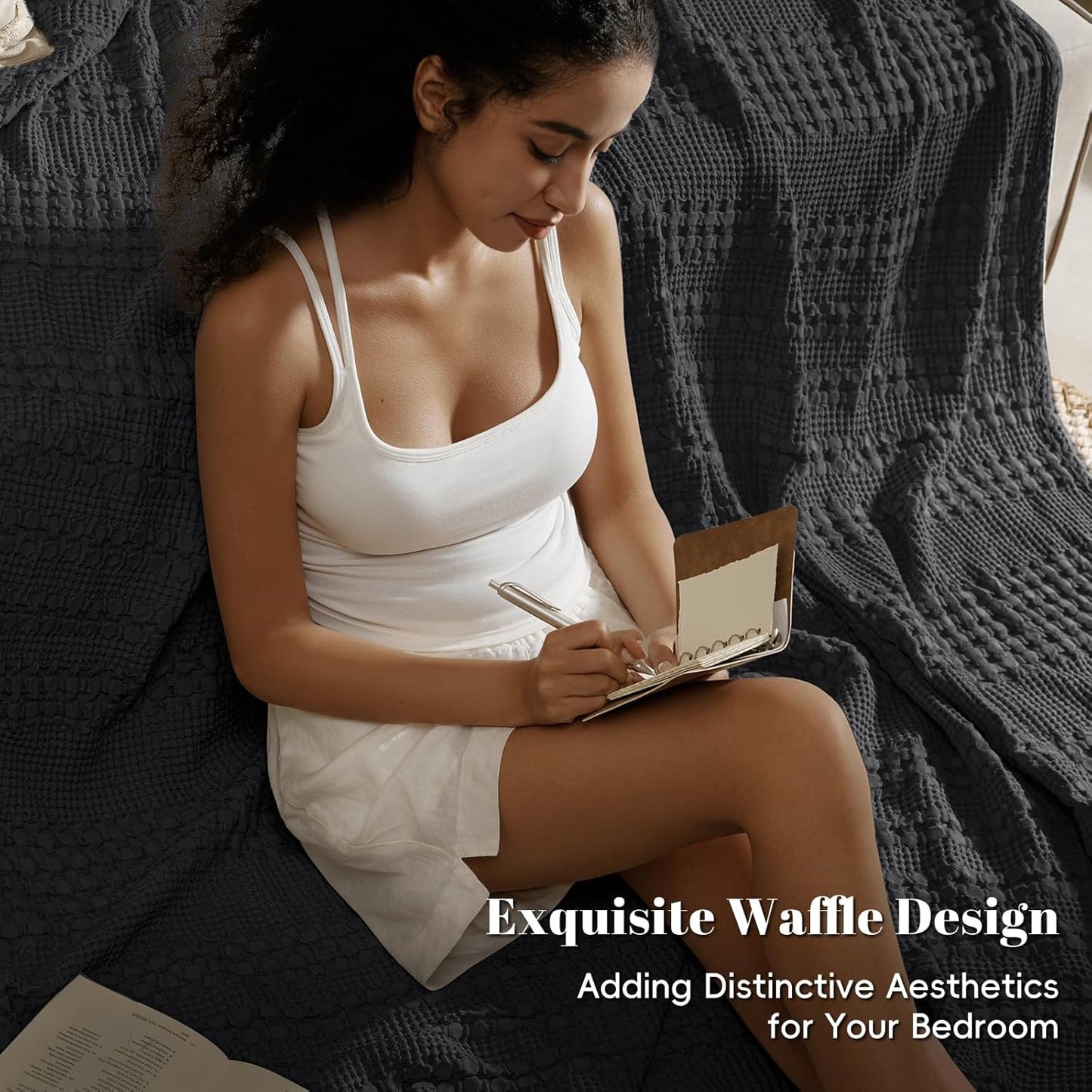 PHF 100% Cotton Waffle Weave Blanket King Size, Soft Lightweight Breathable Cozy Summer Blankets for Bed, Luxury Aesthetic Woven Bedding for Home Decor, 108"x90", Black