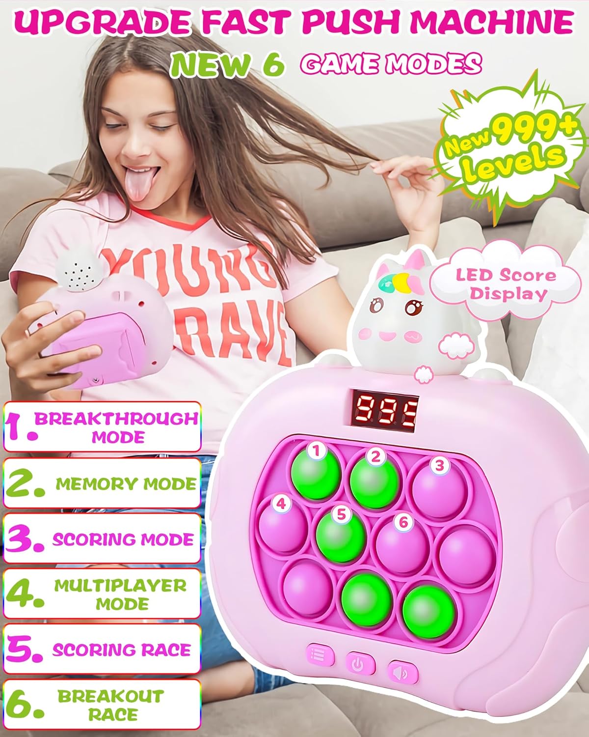 Upgraded Fast Push Game Popping Fidget Toys for Kids, Funny Toys with LED Screen for Kids 3-12, Birthday Gifts for Girls and Boys Bubble Stress,Handheld Puzzle Game Sensory Toys (Unicorn)