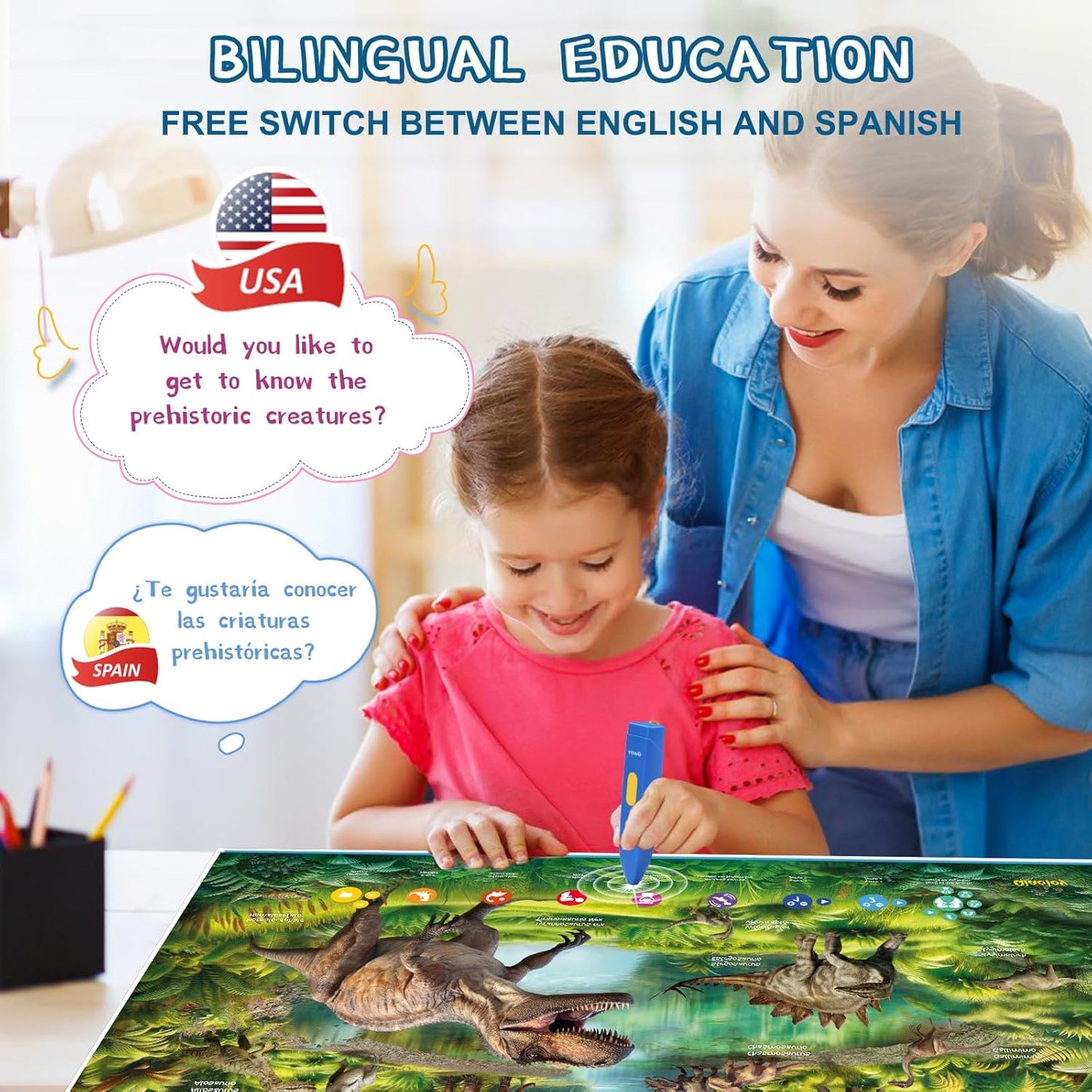 Interactive Dinosaur Toys Learning Poster, Dinosaur Talking Poster, Bilingual Dinosaur Talking Educational Children Toy with Sound Effects, Dinosaur Toys for Ages 3-12, Best Dinosaur Party Gift