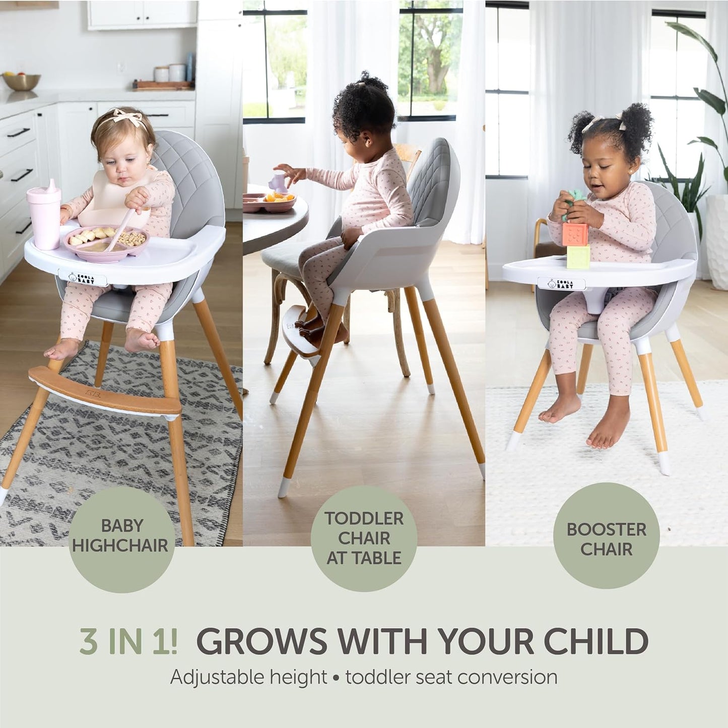 Convertible High Chair for Babies, Toddlers, Kids & Children - Wooden Highchair with Adjustable Height & Dishwasher Safe Tray - Wood Feeding & Dining Chair - Converts to Booster Seat - KoolaBaby