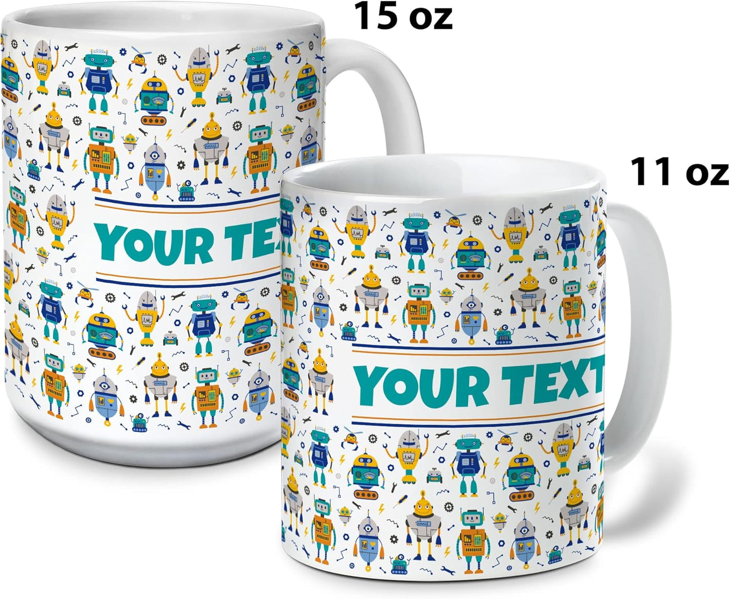 Personalized Mug for Kids - Robots - Custom Name/Text, Ceramic Hot Chocolate/Cocoa/Coffee Cup for Boys, Birthday/Christmas/Holiday Gift - 11 oz, Light Blue Handle