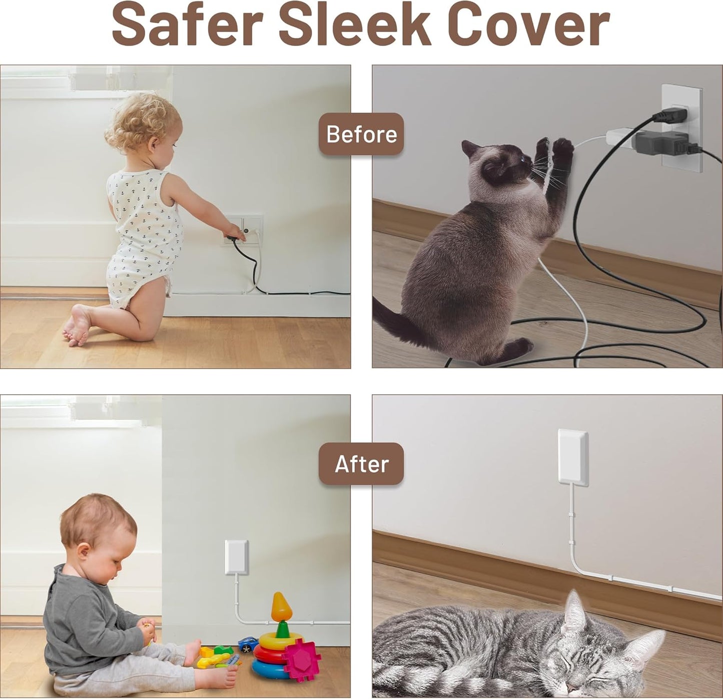 8FT Flat Plug Extension Cord with 3 Outlet Power Strip,Ultra Thin Outlet Concealer with Outlet Covers Baby Proofing,Flat Face Outlet Extender for Home,Bedroom,Kitchen with ETL Listed,White