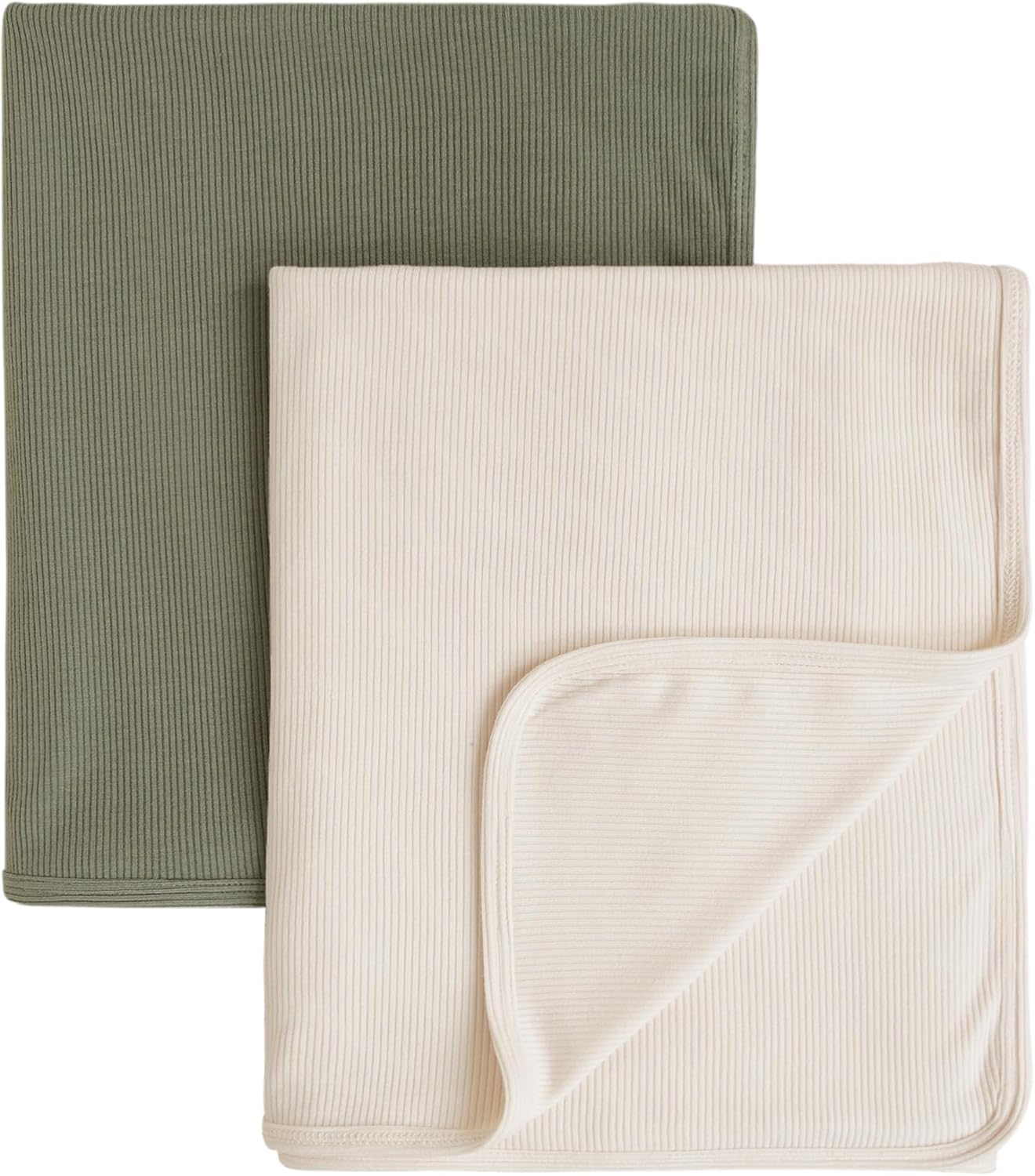 Konssy Knit Baby Blanket 2 Pack, Soft Ribbed Swaddle Receiving Blankets for Boys & Girls, Lightweight Cozy Swaddling Wrap for Newborns, Infants, & Toddlers, 33x42 Inch (Beige, Sage)