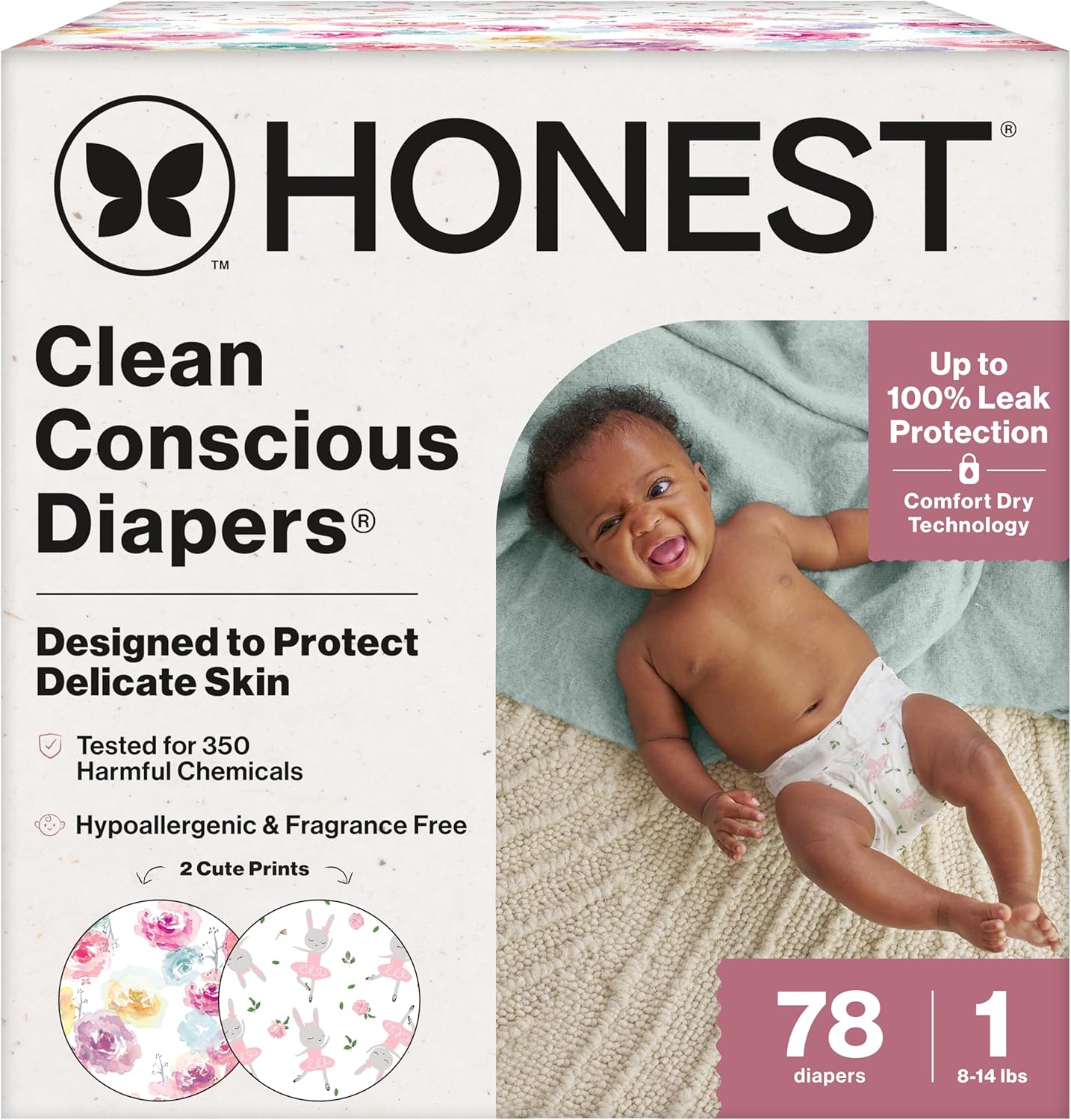 The Honest Company Clean Conscious Diapers for Delicate Skin | Up to 100% Leakproof | Hypoallergenic, Fragrance Free | Girl Prints | Club Box, Size 1 (8-14 lbs), 78 Count (Prints May Vary)