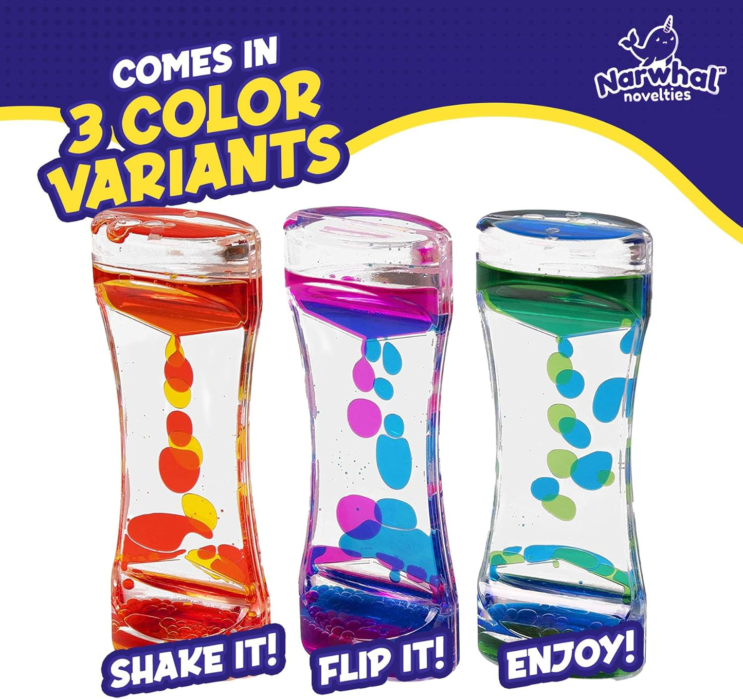 Liquid Motion Bubbler for Kids and Adults - Hourglass Liquid Bubbler/Timer for Sensory Play Toys, Fidget Toy and Stress Management (3 Pack)