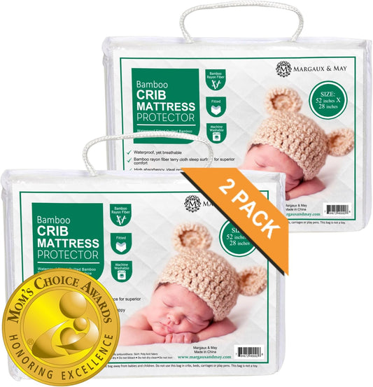 Crib Mattress Protector Pad 2 Pack - Ultra-Soft Waterproof Breathable Premium Bamboo Rayon - Noiseless Fitted Dryer Safe Cover for Crib. High Absorbency Oeko-TEX Certified MARGAUX & MAY
