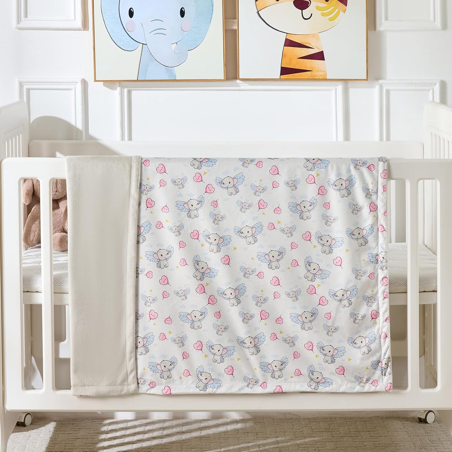 Baby Blanket 30x40 Inch Soft Double Layer Fleece Throw with Cute Grey Elephant Gender Neutral Crib Blanket for Infant, Toddler, Newborn Baby Girl or Boy Shower Gift