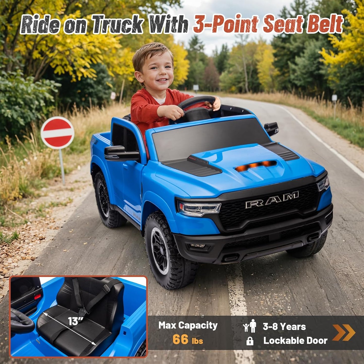 Licensed Ram 1500 Ride on Toys for Kids 4-8, Ride-on Electric Car for Kids with Remote Control, Battery Powered with Car Key/Gear Selector, LED Light/Music/MP3, Back Storage (Blue)