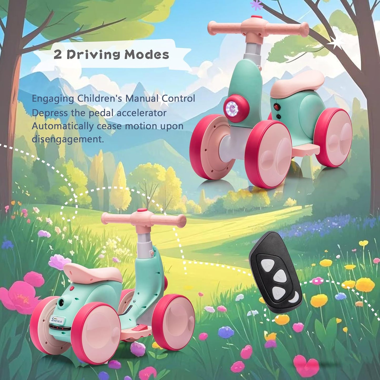 6V Electric Baby Balance Bike for 1 Year Old Boys Girls Ride on Toys 12-48 Months Toddler Balance Bike, 4 Wheels Kids First Bike with Remote Control First Birthday Gifts- Green&Red