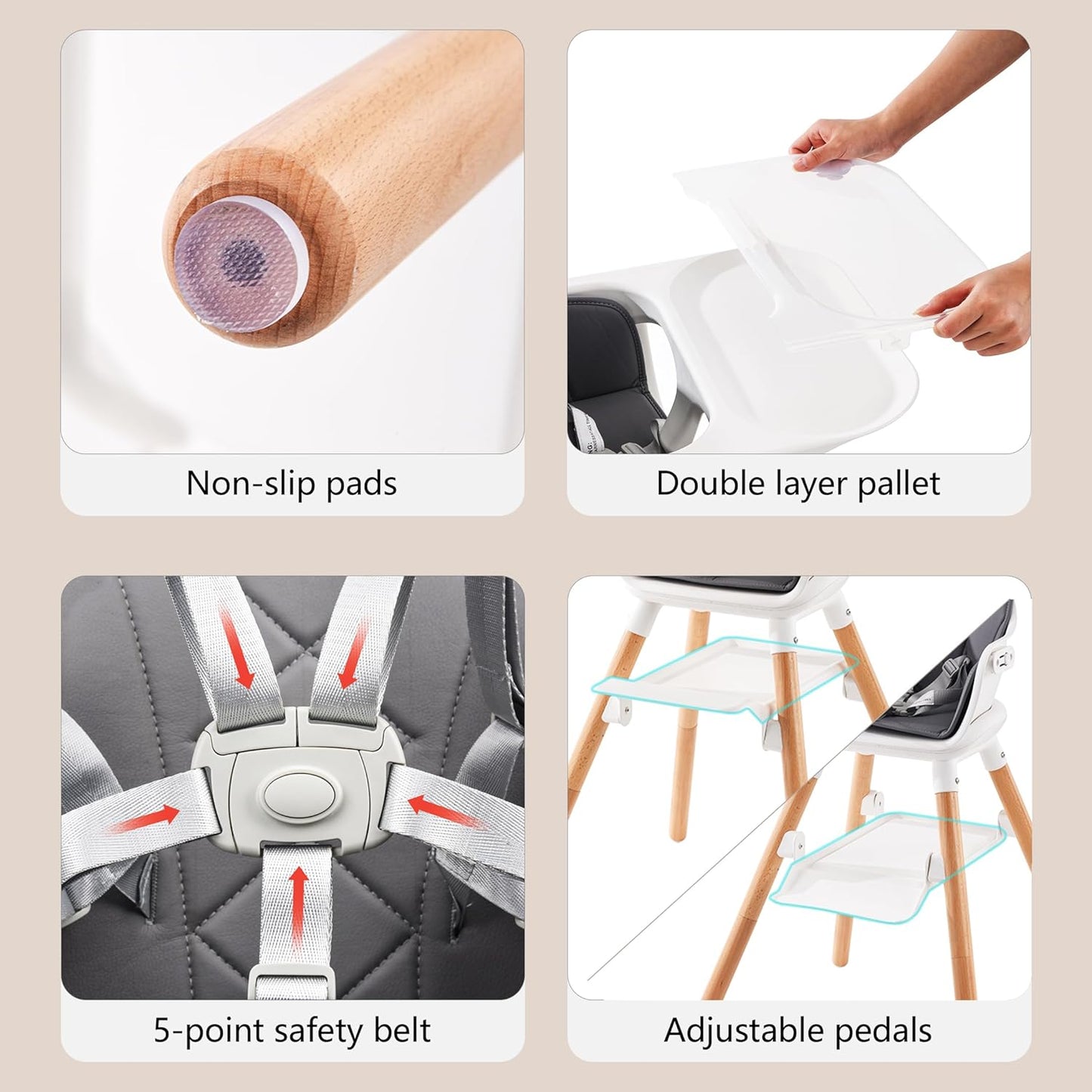 Baby High Chair, Highchair for Baby & Toddler, Easy Clean Infant Highchair, 6 in 1 Feeding High Chair with Removable Double Tray and Waterproof PU Cushion, Wooden Legs, Grey