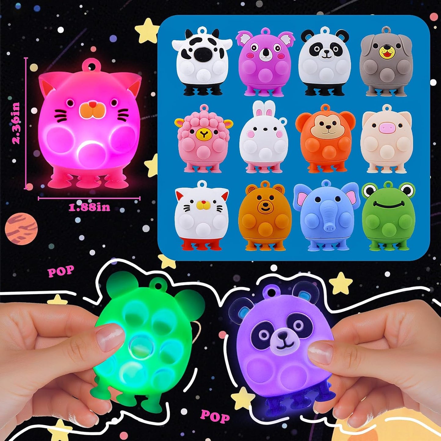Light Up Animal Pop Fidget Toys, 12 PCS Silicone Suction Toys, Glow Party Favors for Kids, Goodie Bags Stuffers, Birthday Gifts, Bulk Toys Prizes, Classroom Prizes