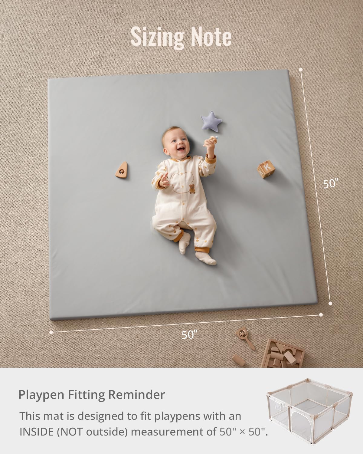 Blissful Diary Vegan Leather Baby Play Mat, 50x50 Thicken Foam Cushioned & Waterproof Playpen Mat for Infants and Toddlers, Stylish and Just Wipe-Clean Playmat for Baby Play on Floor, Light Gray
