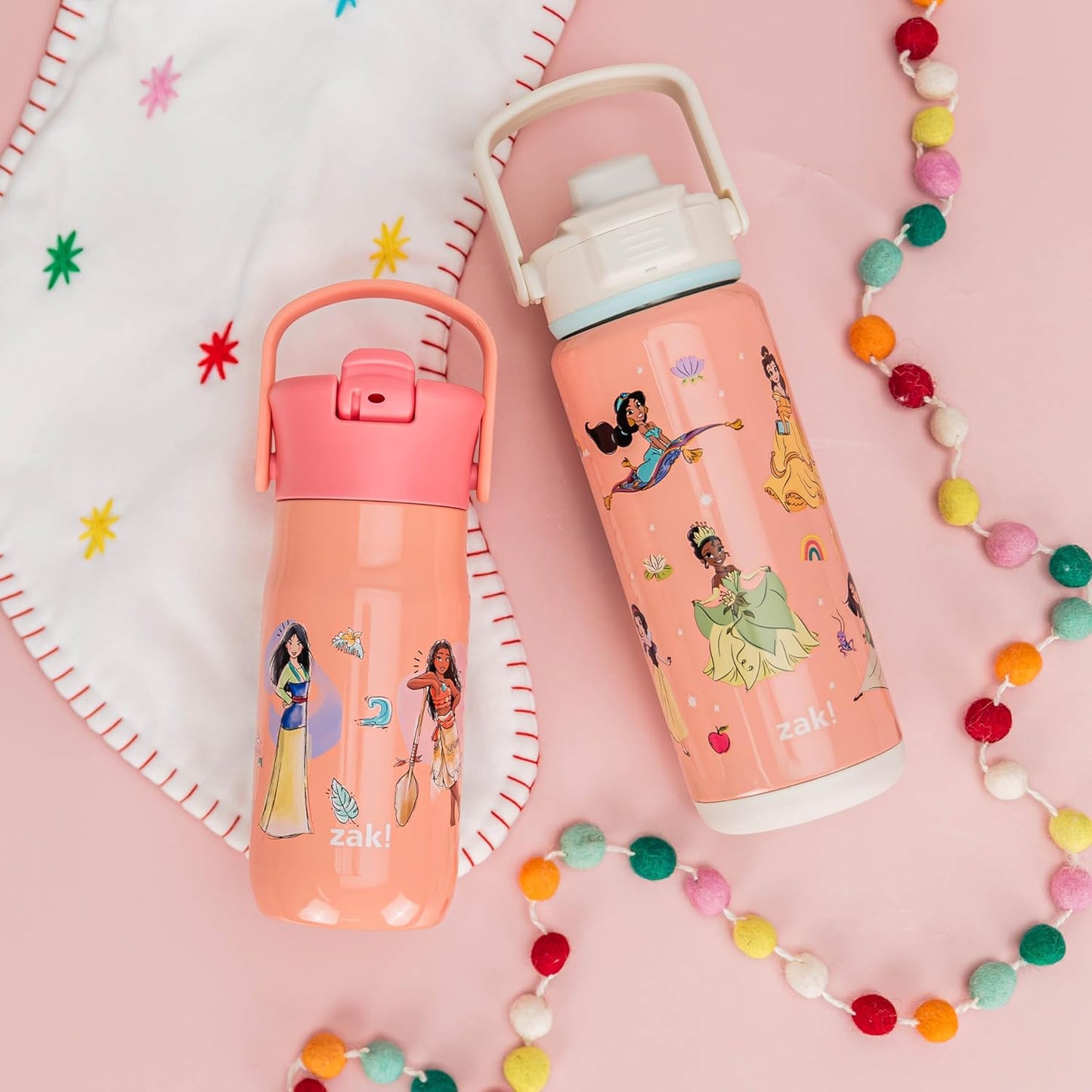 Zak Designs Harmony Disney Princess Kid Water Bottle for Travel or At Home, 14oz Recycled Stainless Steel is Leak-Proof When Closed and Vacuum Insulated (Ariel, Mulan, Moana, Cinderella)