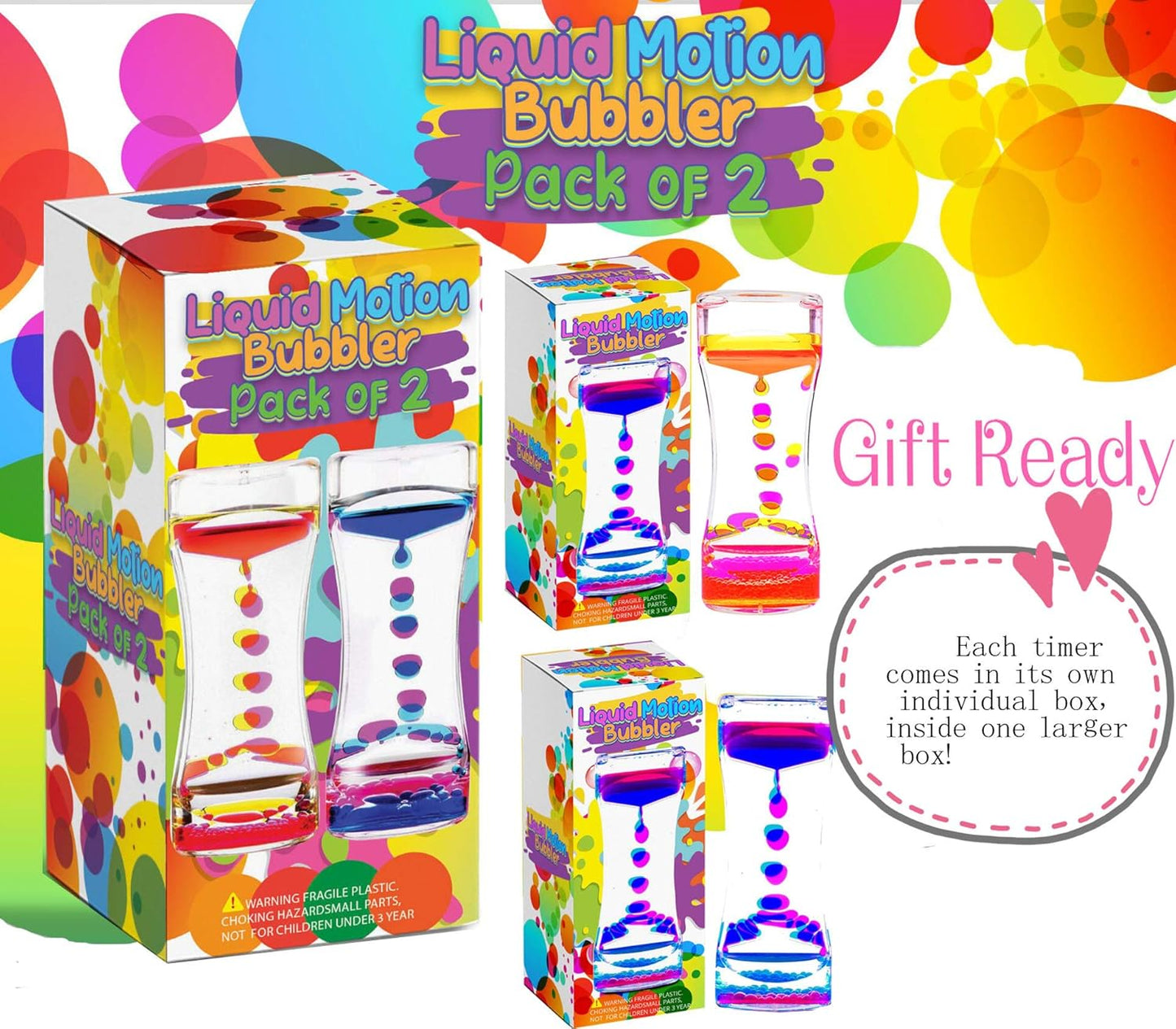 YUE MOTION Liquid Motion Bubbler Visual Sensory Toys, 2 Minute Liquid Timer– New Big Calming Sensory Bubbler Toy- Colorful Liquid Hourhlass for Stocking Stuffers, Easter Basket Stuffers(Pack of 2)