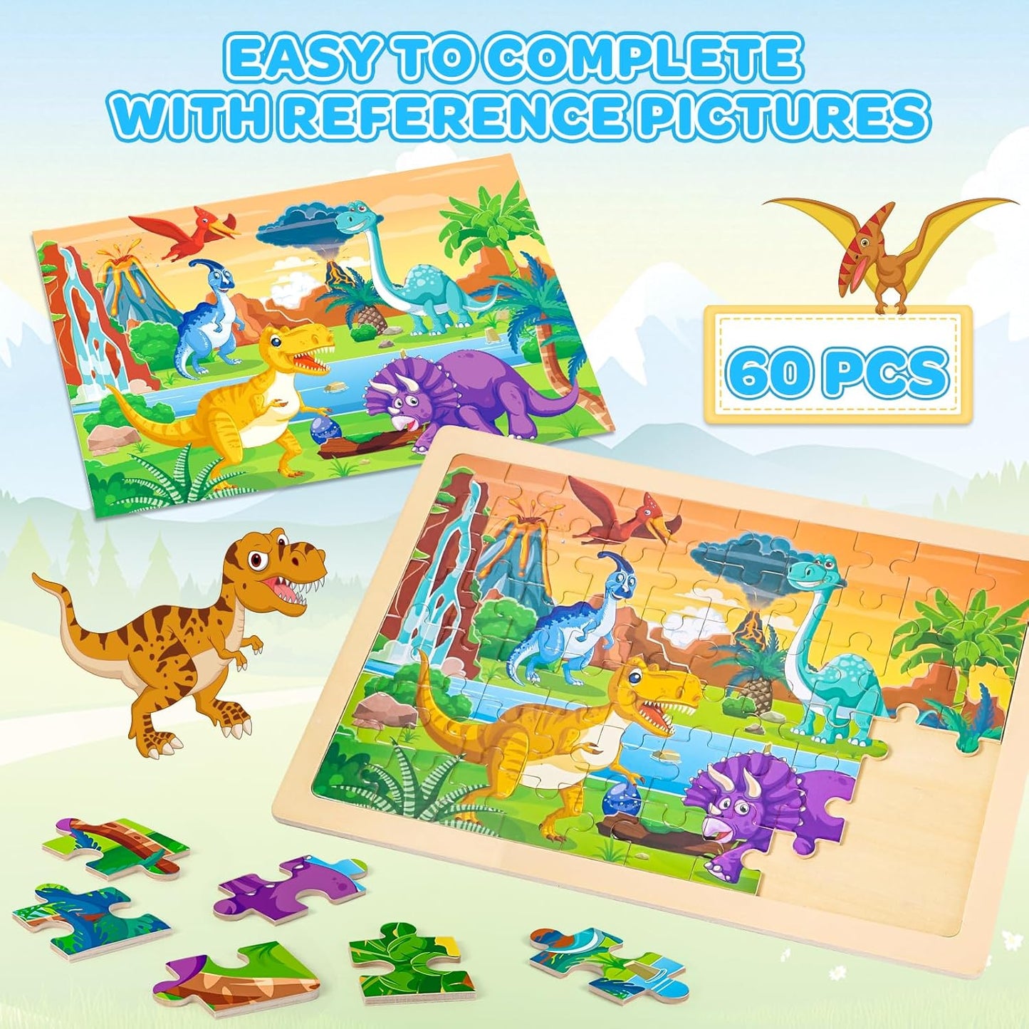 LACCHOUFEE 6 Pack Wooden Vehicle Puzzles for Kids Age 3 4 5 Year Old, 60 Pcs Montessori Toddler Animals Jigsaw Puzzles for Girl boy Activities Preschool Learning Birthday Gift Travel Autistic Toy