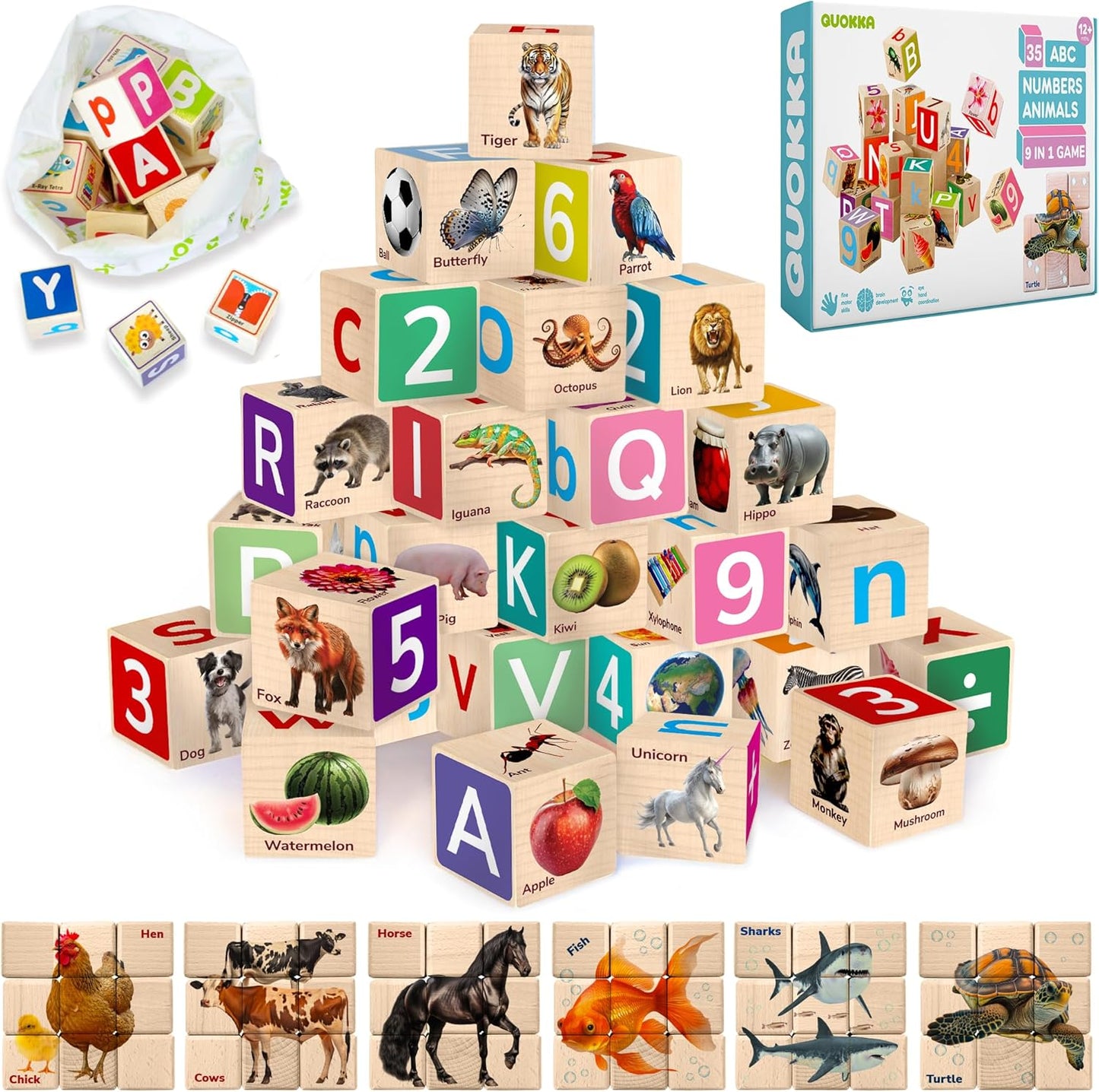 QUOKKA Montessori Wooden Blocks for Toddlers 1-3 - 35 Realistic ABC Learning Baby Blocks for Kids 3-5 Year Olds - Stacking Alphabet Wood Toys for 2-4 yo - Learn Letters Numbers