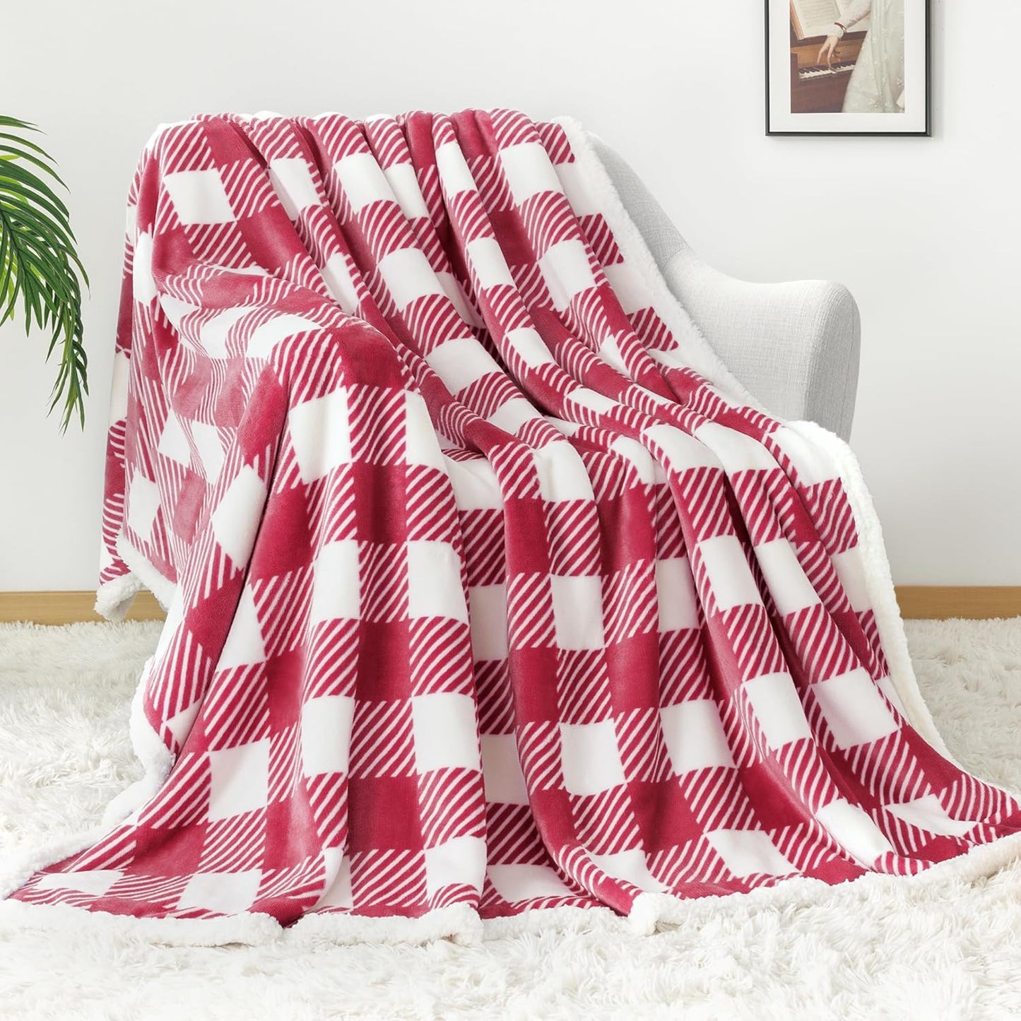Touchat Sherpa Plaid Twin Blanket 60" X 70", Fuzzy Fluffy Soft Cozy Throw Blanket, Twin Size Plush Fleece Flannel Plush Microfiber Blanket for Couch Bed Sofa (RustRed)
