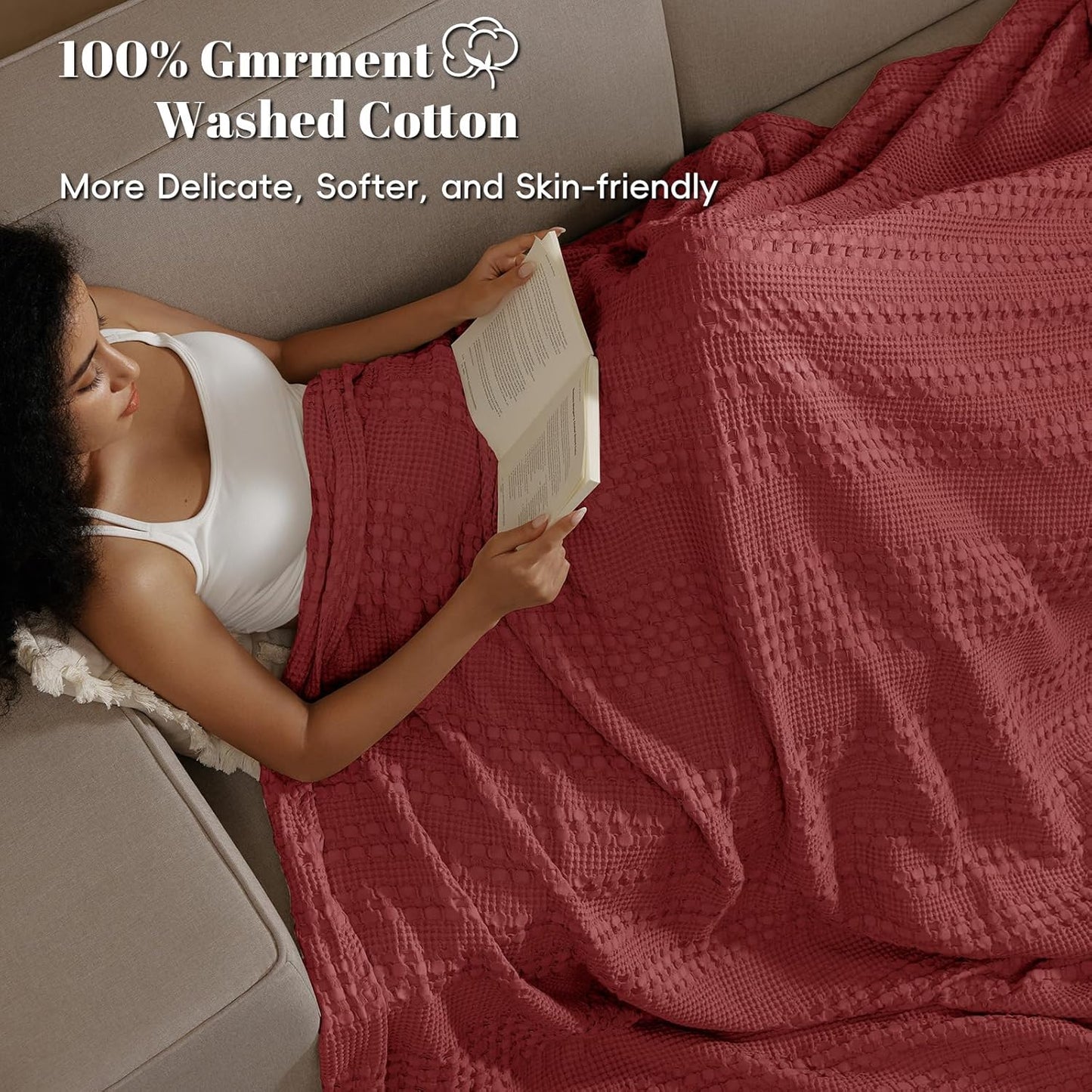 PHF 100% Cotton Waffle Weave Blanket King Size, Soft Lightweight Breathable Cozy Summer Blankets for Bed, Luxury Aesthetic Woven Bedding for Home Decor, 108"x90", Wine Red