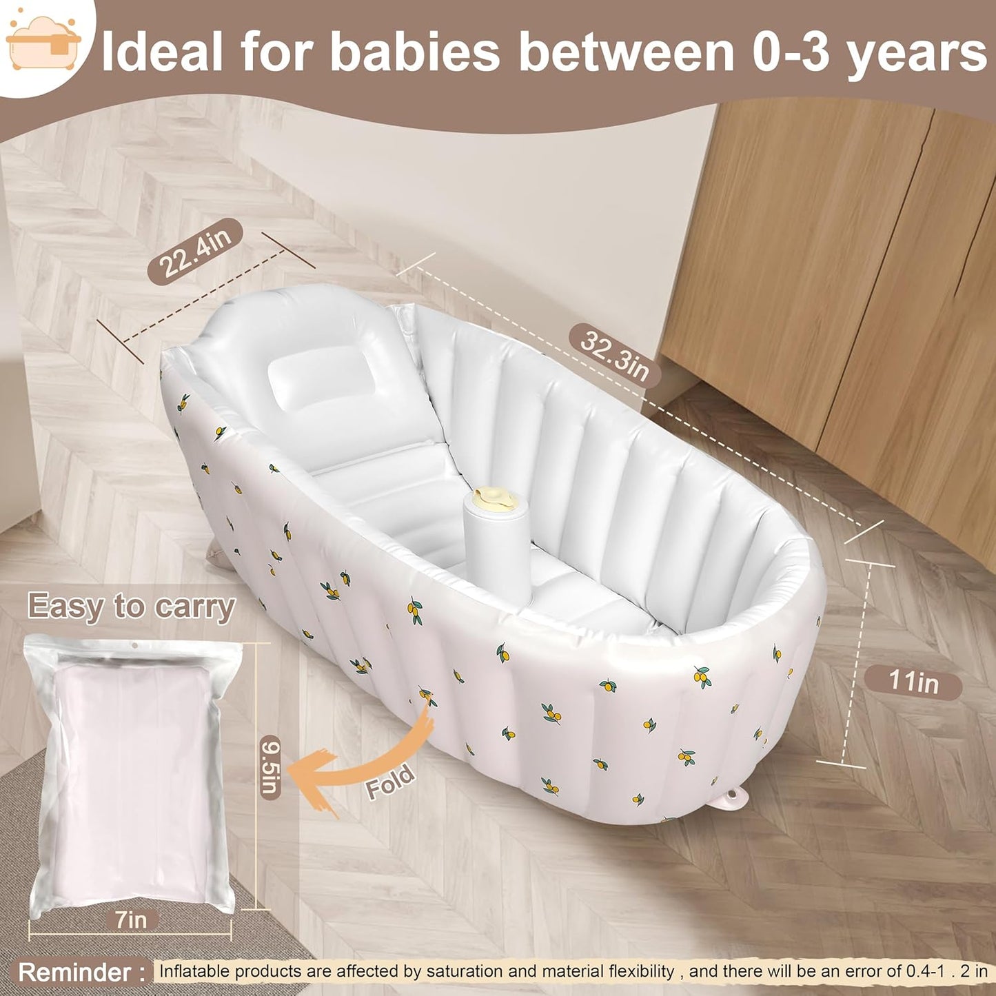 Mink Inflatable Baby Bathtub with Built-in Air Pump, Newborn to Toddler Bath Tub,Portable Travel Shower Basin with Back Support, Deflates and Folds Easily (Olive Bath)