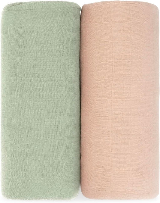Comfy Cubs Muslin Swaddle Blankets Pack of 2 - 47 x 47 Inch Soft Cotton Baby Blanket Set, Large Multipurpose Wraps for Newborns - Self-Soothing Swaddles for Newborns - Sage & Blush