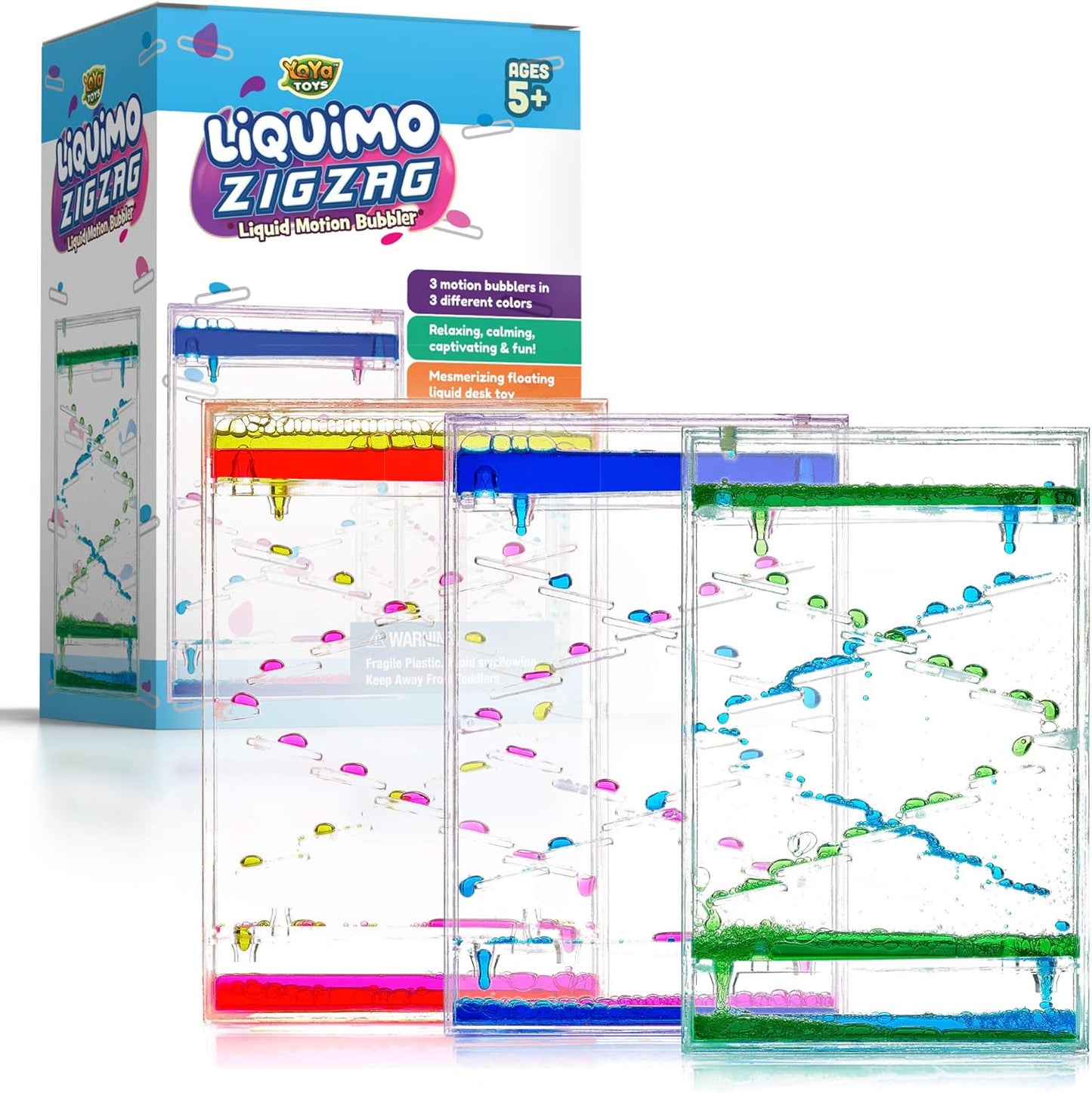 YoYa Toys Liquimo Liquid Zig Zag Motion Bubbler for Kids and Adults - Satisfying Toys for Stress and Anxiety Relief - Fidget Toy Can Be Used as a Colorful Kitchen Timer - 3 Pack