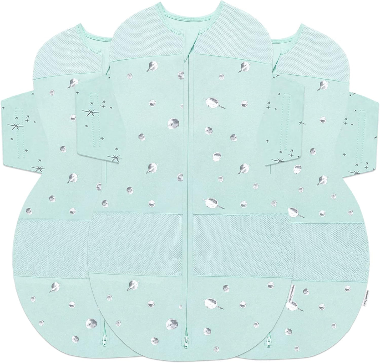 Happiest Baby SNOO Sleep Sack - 100% Organic Cotton Baby Swaddle Blanket - Doctor Designed Promotes Healthy Hip Development - 3-Pack Bundle (Teal Planets, S, M, L)
