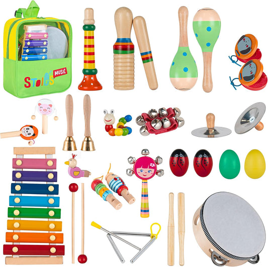 Stoie's Wooden Kids Musical Instruments for 1-5 Years Old, Baby Percussion Toys with Xylophone, Maracas, Tambourine, Durable, Safe to Play, Clear Loud Sound, Bright Rainbow Colors, Storage Backpack