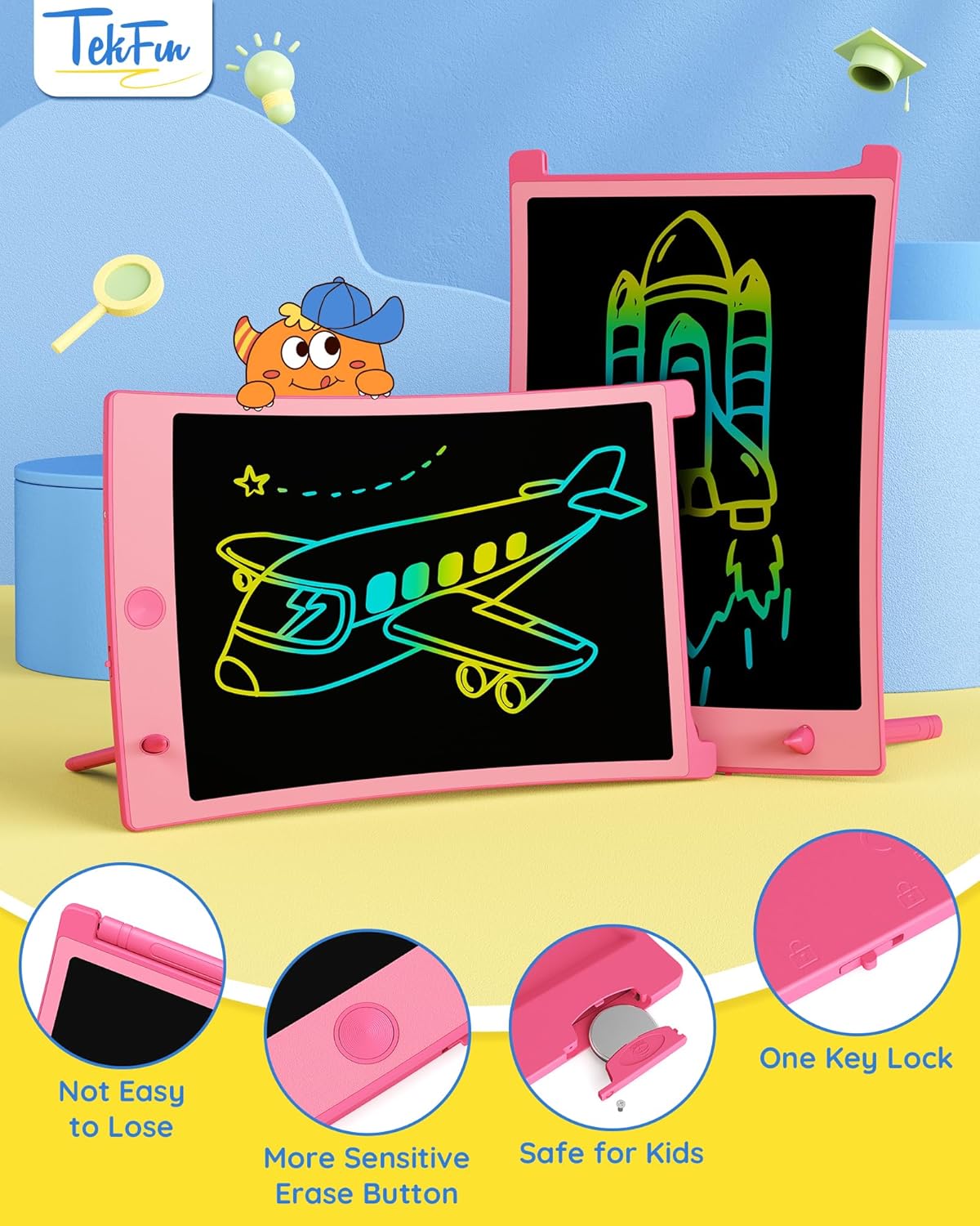 TEKFUN Toys for Girls, 2 Pack LCD Writing Tablet with 4 Stylus, 8.5in Kids Doodle Board Mess Free Coloring Drawing Pad, Travel Car Trip Toys Christmas Birthday Gift for 3 4 5 6 7 Girls (2* Pink)