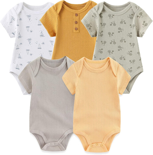 Newborn Baby Short Sleeve Bodysuit Cotton One-Piece Baby Clothes 5-Pack, 0-12 Months