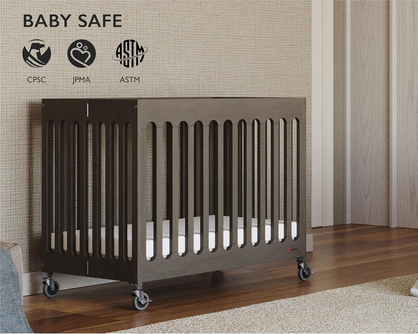 Foundations Boutique Folding Mini Baby Crib - Compact, Portable, Wooden Hotel Crib, Foldable Compact Cribs for Baby & Toddlers - Includes 3" Foam Mattress - Dapper Gray