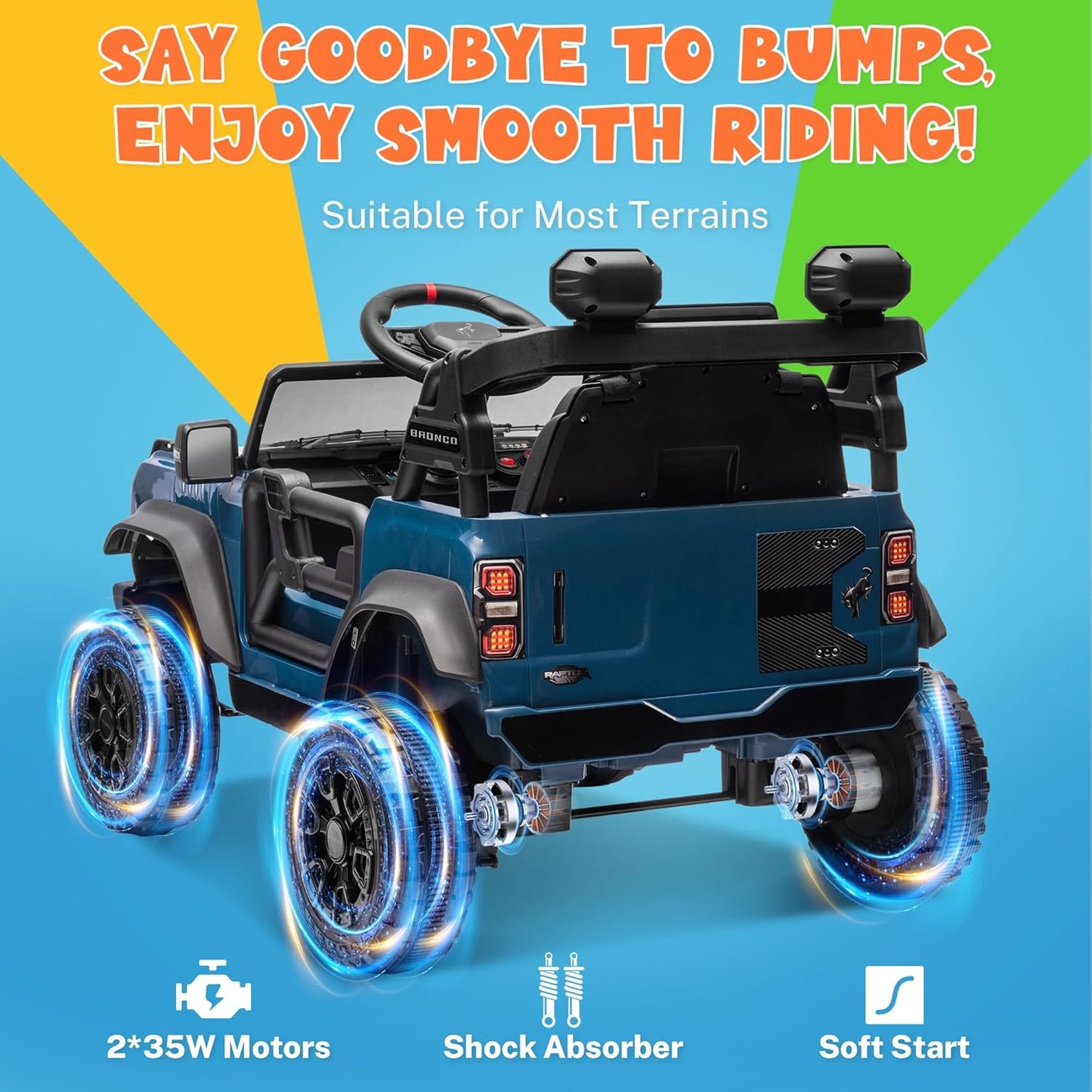 ENYOPRO Licensed Ford Bronco Raptor Electric Ride On Jeep for Kids, 12V Remote Control Ride On Car for Toddlers, Electric Vehicle w/Shock Absorbers, Soft Start, Bluetooth, LED Lights, 2 Speed (Blue)