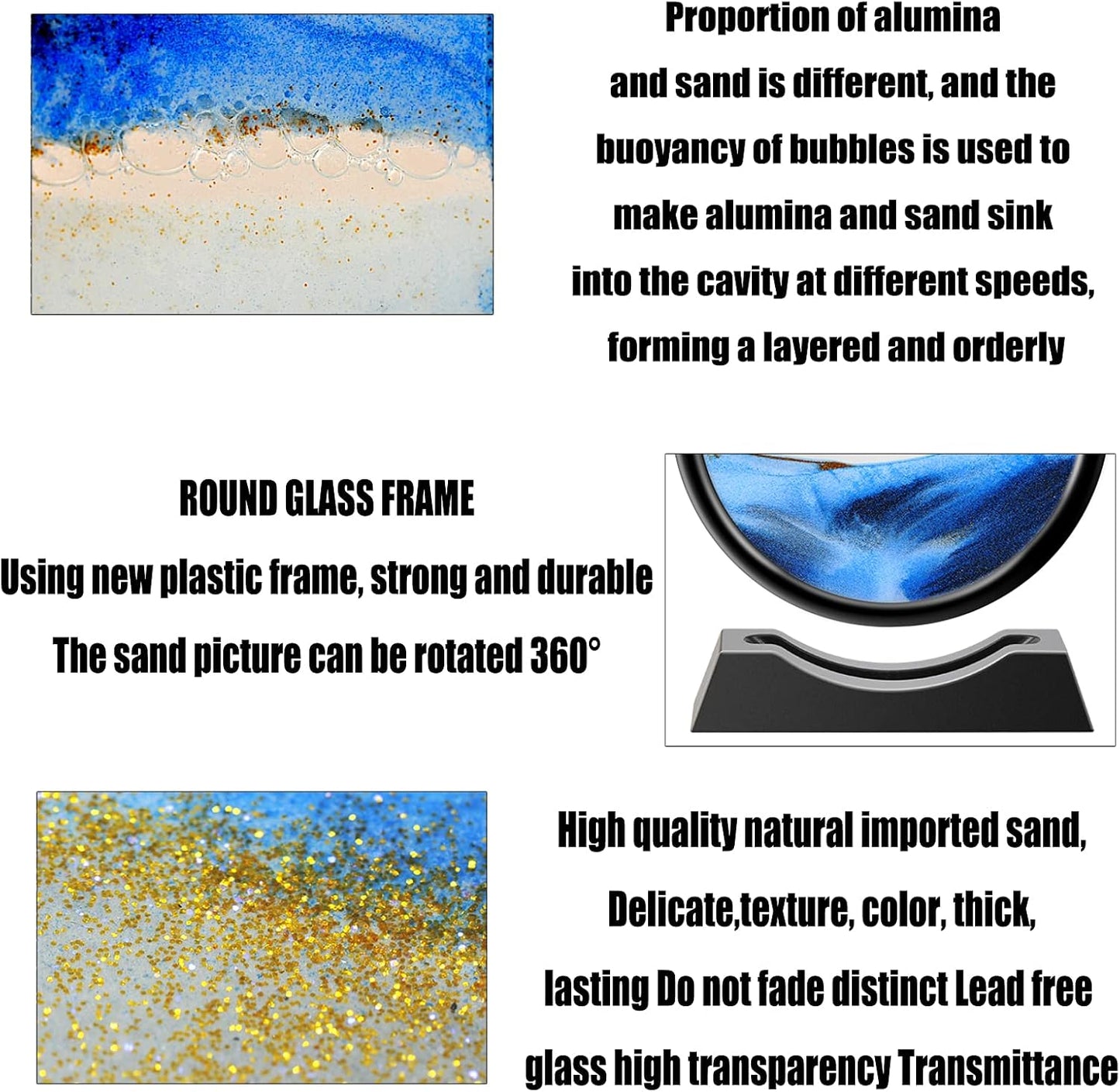 Liquid Motion Sandscape Round Moving Sand Art Sensory Toy Anxiety Fidget ADHD Relaxation Toy Home Office Desktop Decoration (Blue, 12-in)