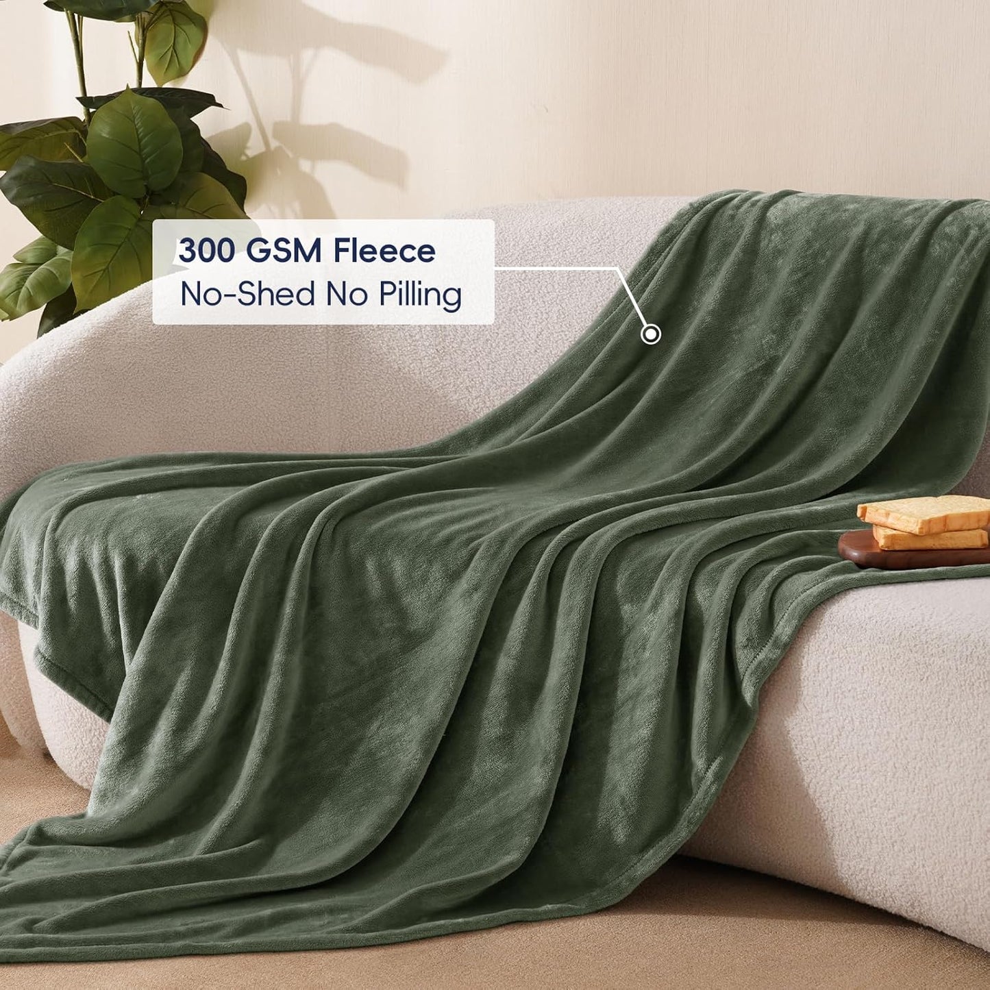 PHF Ultra Soft Fleece Throw Blanket, No Shed No Pilling Luxury Plush Cozy 300GSM Lightweight Blanket for Bed, Couch, Chair, Sofa Suitable for All Season, 50" x 60", Olive Green