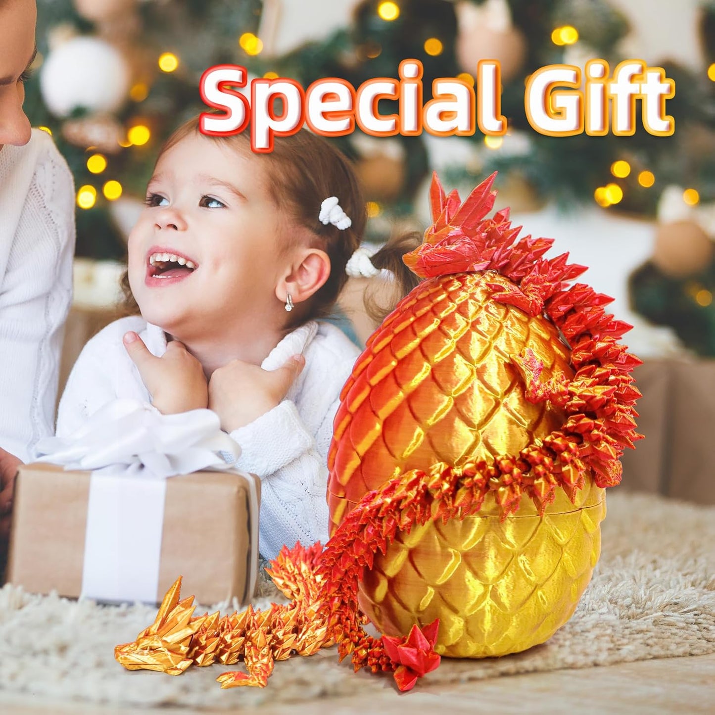 Dragon Egg - 3D Printed Egg with Flexible Pearly Sheen Dragon Inside, 3D Printed Surprise Gift, Articulated Dragon Egg Fidget Toy, Decor (12” Dragon,Red Mix Gold)