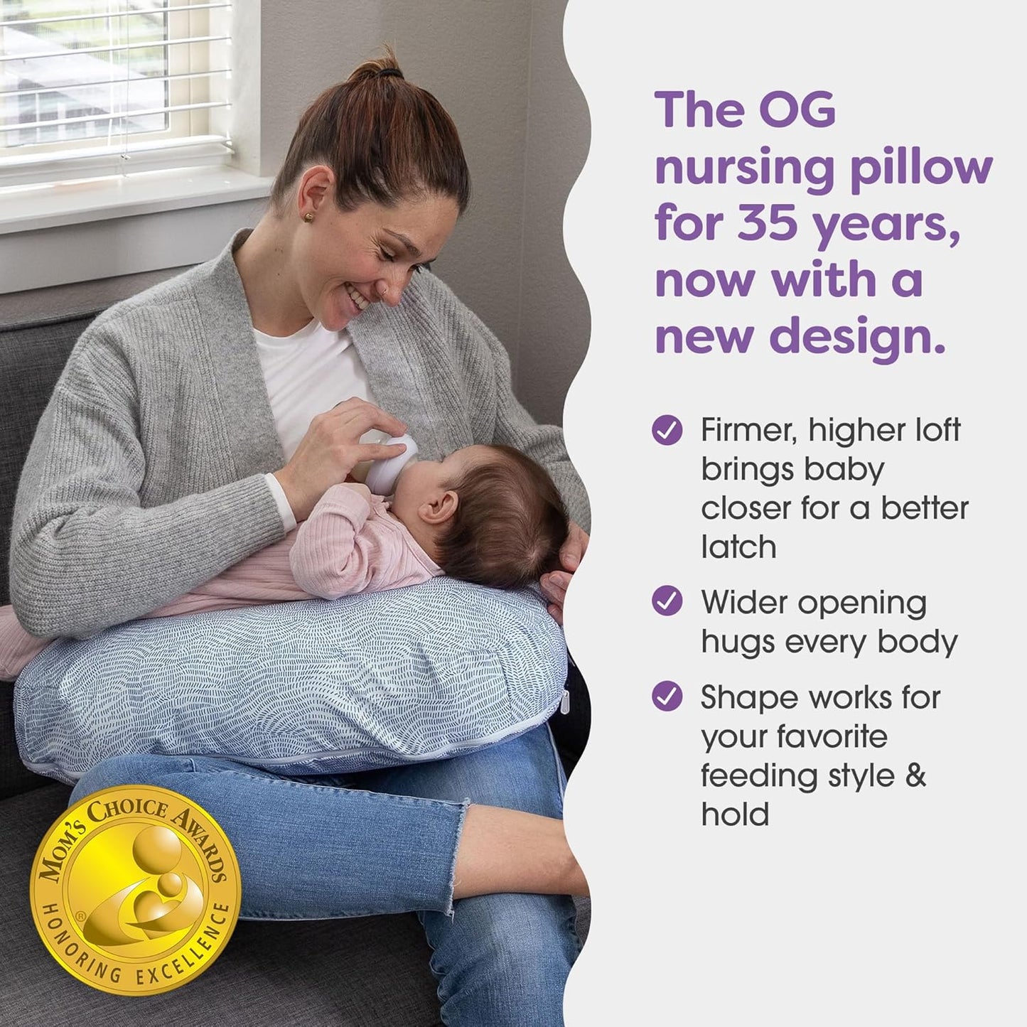 Boppy Nursing Pillow - Ergonomic Bottle & Breastfeeding Pillow with High, Firm, Large Area, Water-Repellent Cushion with Washable Cover; Baby Safety Alliance Verified - Blue Speckled Current