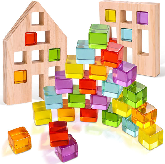 Wooden Building Blocks Set for Kids, 24 PCS Rainbow Gem Cubes Stacking Blocks - 2 Wood House, Montessori Stacking Toy for Toddlers, Educational STEM Learning Toy for Boys Girls 3-6