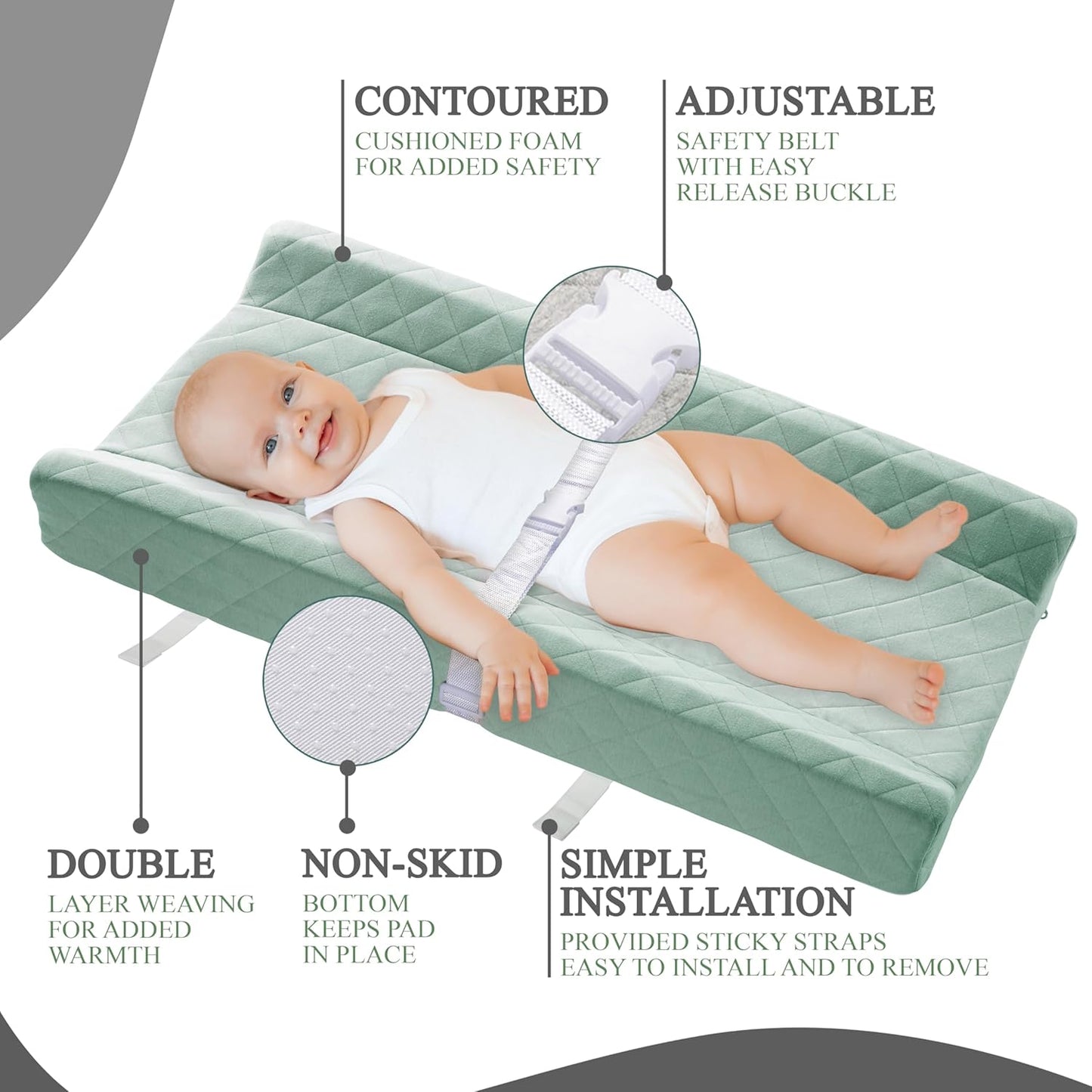 Organic Cotton Contoured Baby Changing Pad w/Waterproof Foam Mattress, Includes Soft, Removable & Washable Cover, Safety Strap, Non-Slip Bottom, Topper for Standard Size Infant Diaper Table & Dresser