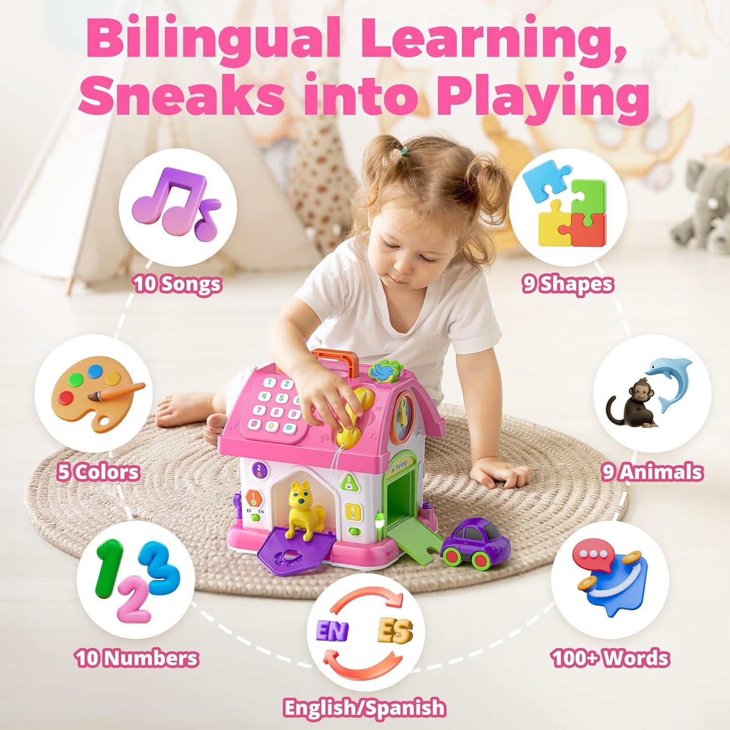 Montessori Toy for 1 Year Old Girl Gifts, Musical Bilingual Educational Toddler Toy Age 1-2 Yr 12-18 Month, First Birthday Gift for 1 Year Old Girl (Pink)