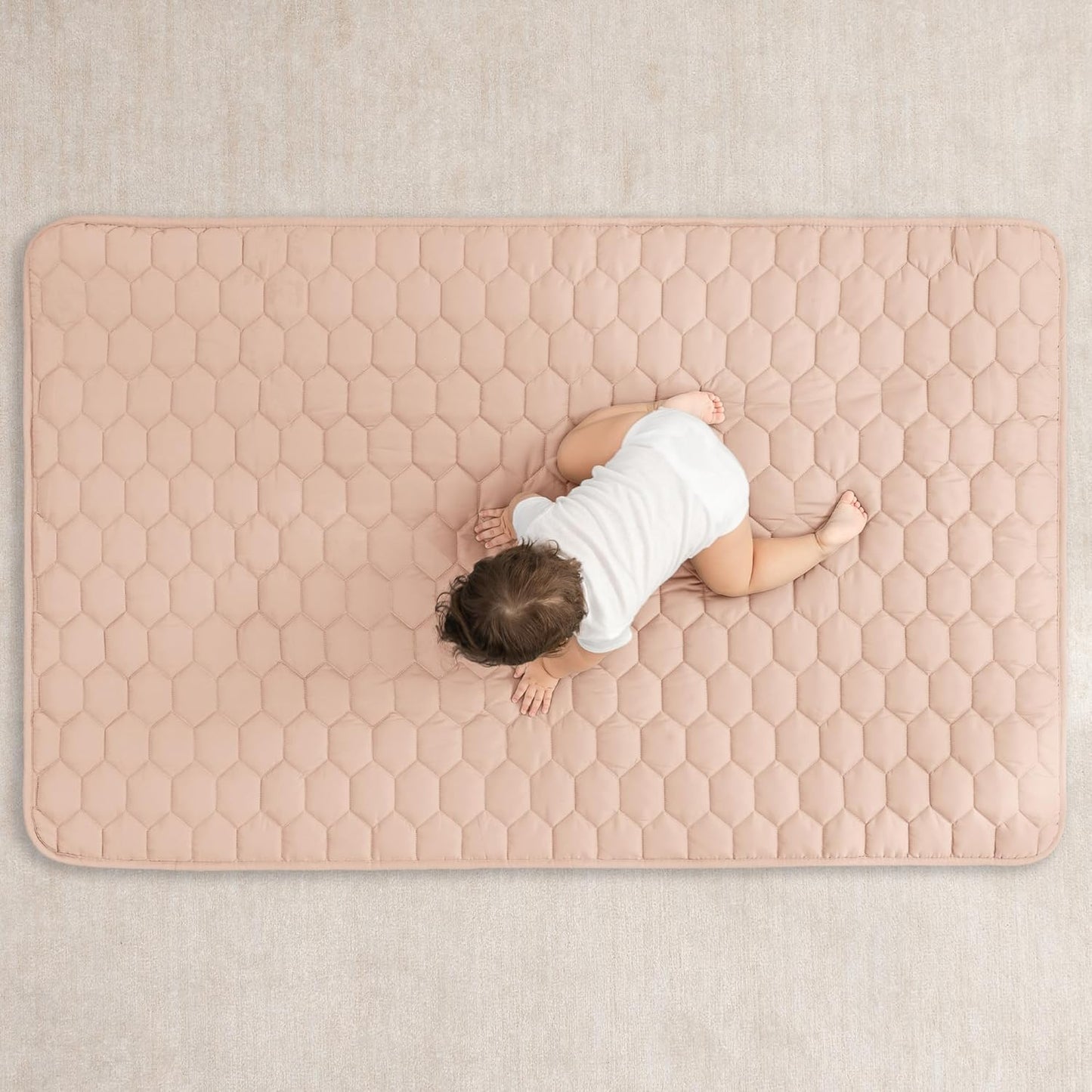 Comfy Cubs Rectangle Kids Play Mat - Small 36 x 60 inches Soft Quilted Baby Floor Mat with Non-Slip Bottom - Plush Design for Toddlers' Playtime and Relaxation - Comfortable and Durable - Blush